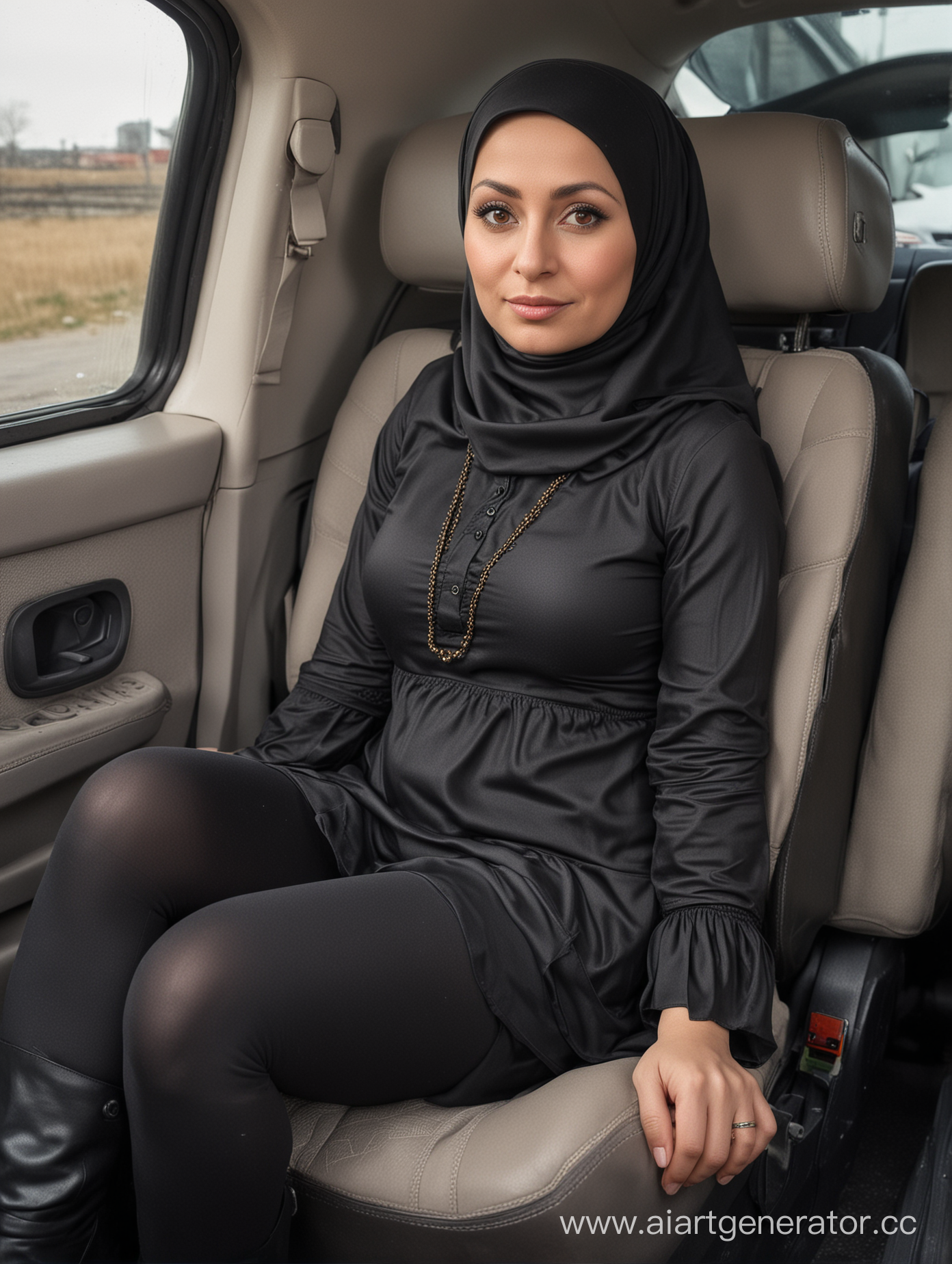 A dwarf woman, 40 years old, hijab, black opaque tights, high boots, tunic, sits car seat, from side, top view, turkish, hairless, plump body, 