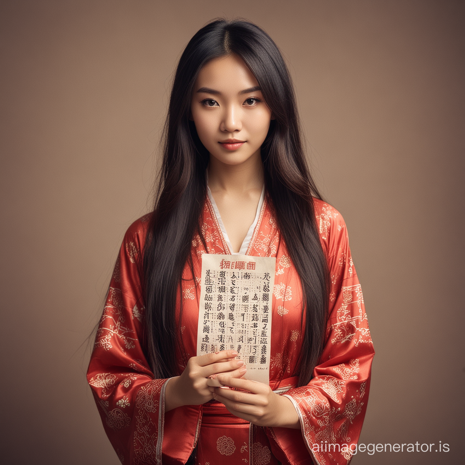 Young female fortune teller, Chinese, beautiful, long hair, holding a piece of paper with the words "Weekly Horoscope" in her hand.