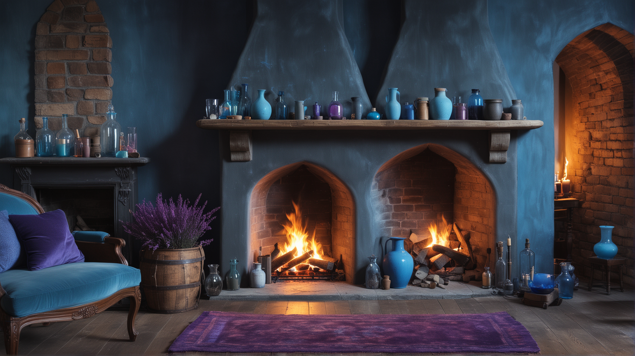 Magical Fairytale room with bright blue and purle. Blue-flames inside empty-fireplace and potions