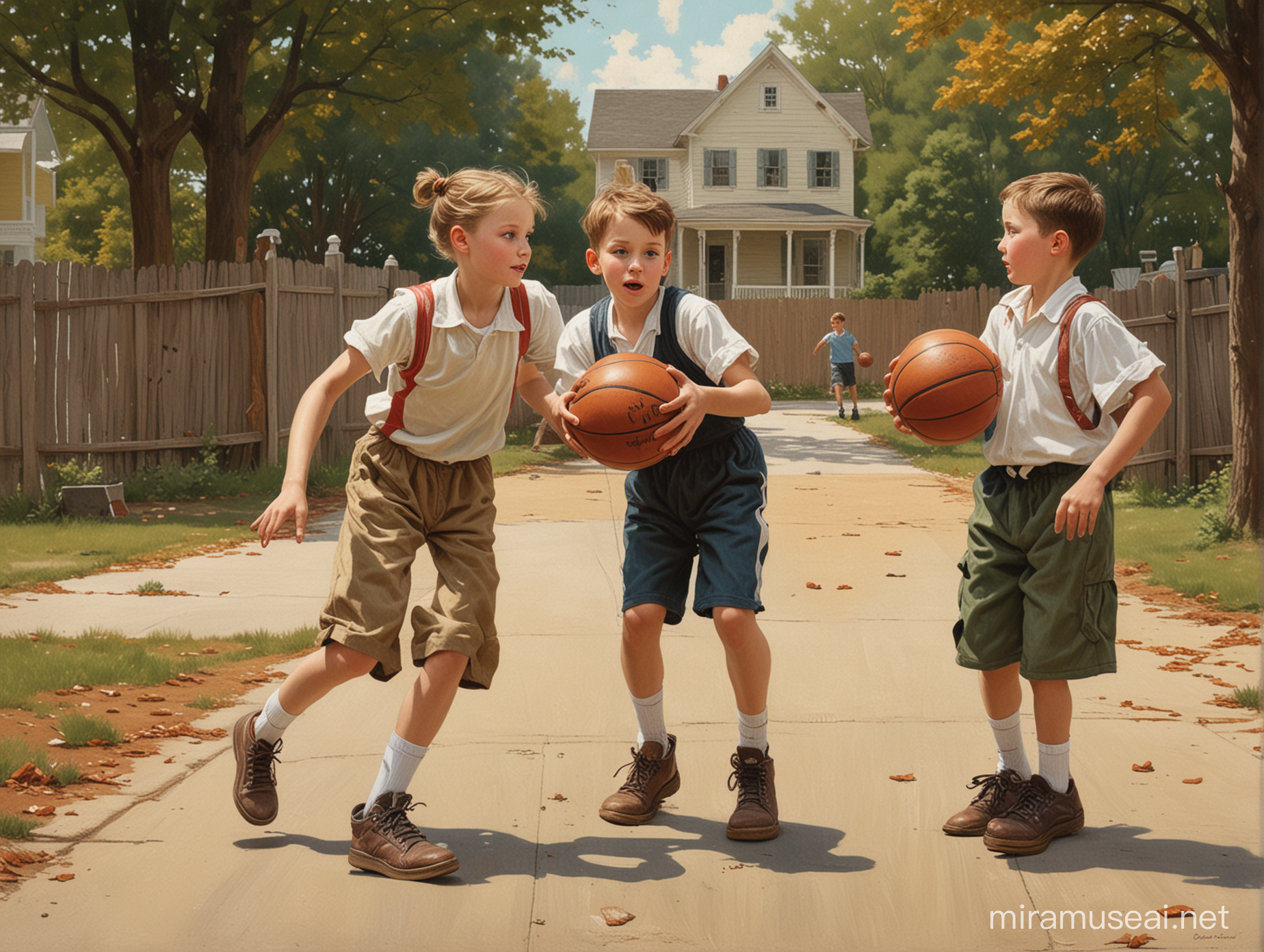 children playing basket ball
 in the style of Norman Rockwell
