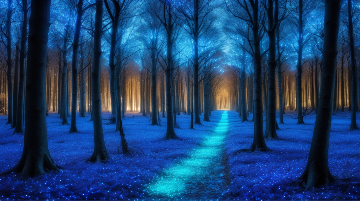 Magical Fairytale bright blue trees that glow in the forest