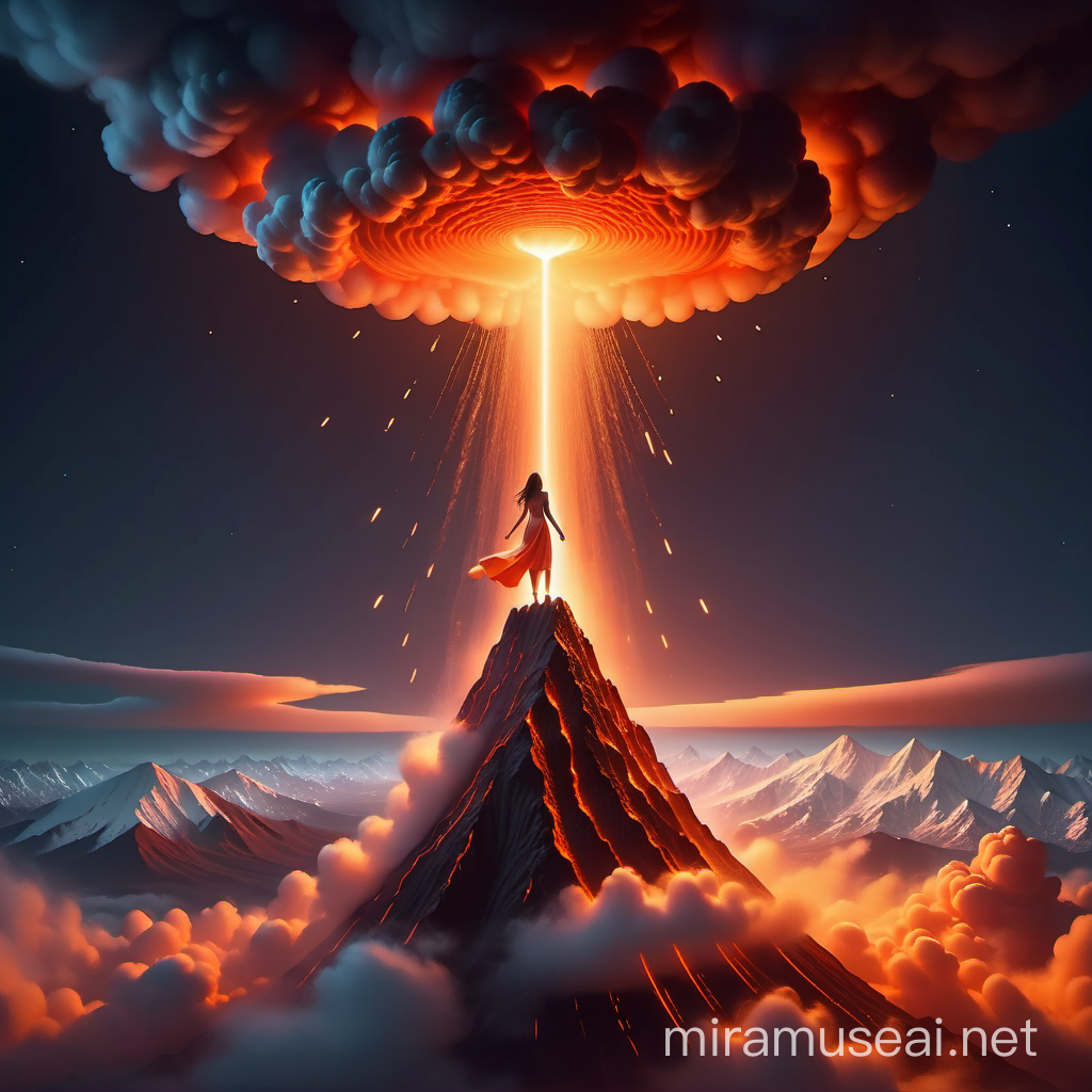 3D 8k minimal realistic illustrator mininal women take off from volcano on the top of the huge stunning mountain inside the clouds with her light stunning light orange dress at the midnight