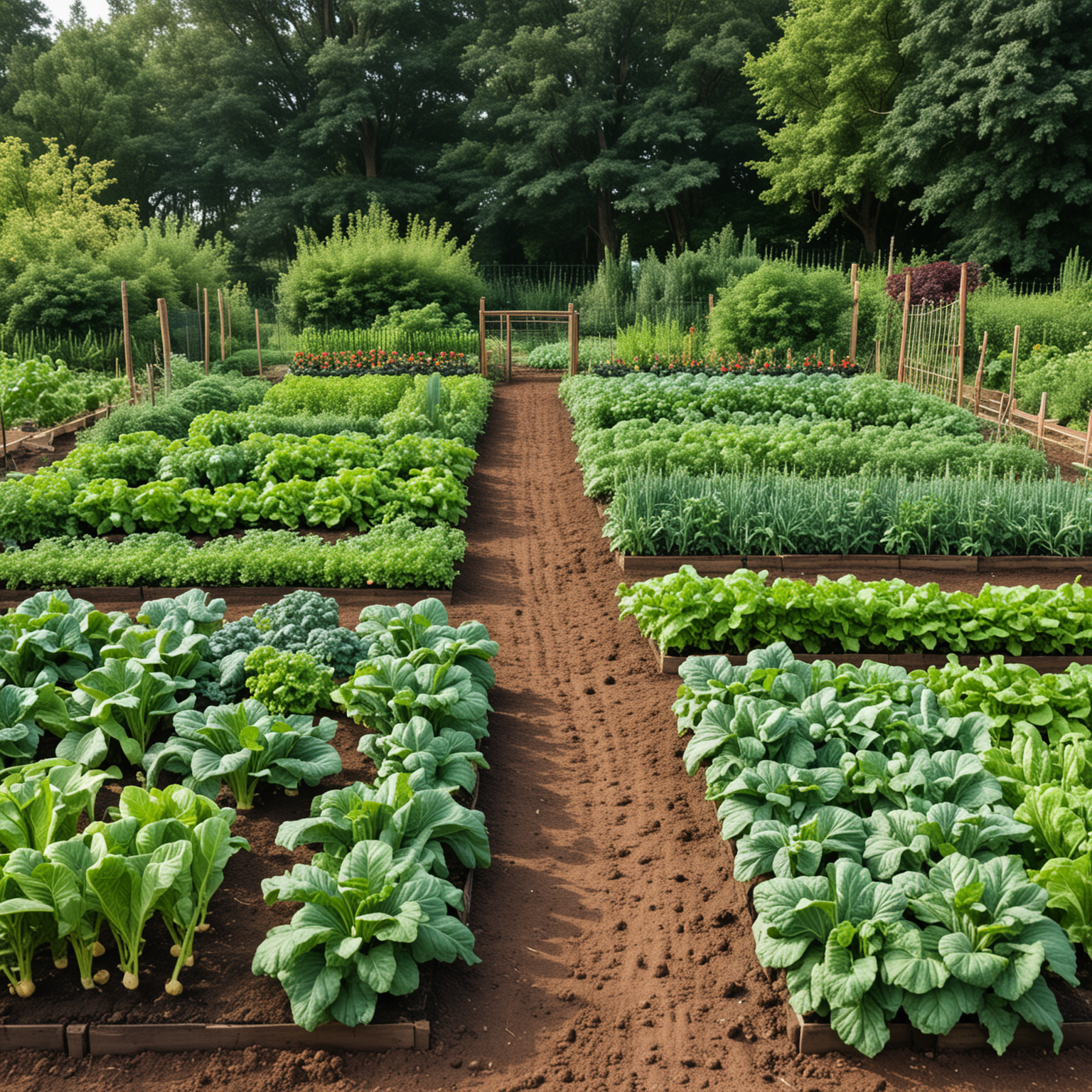 a lush vegetable garden with rows of vegetables. Not plants and flowers. 
