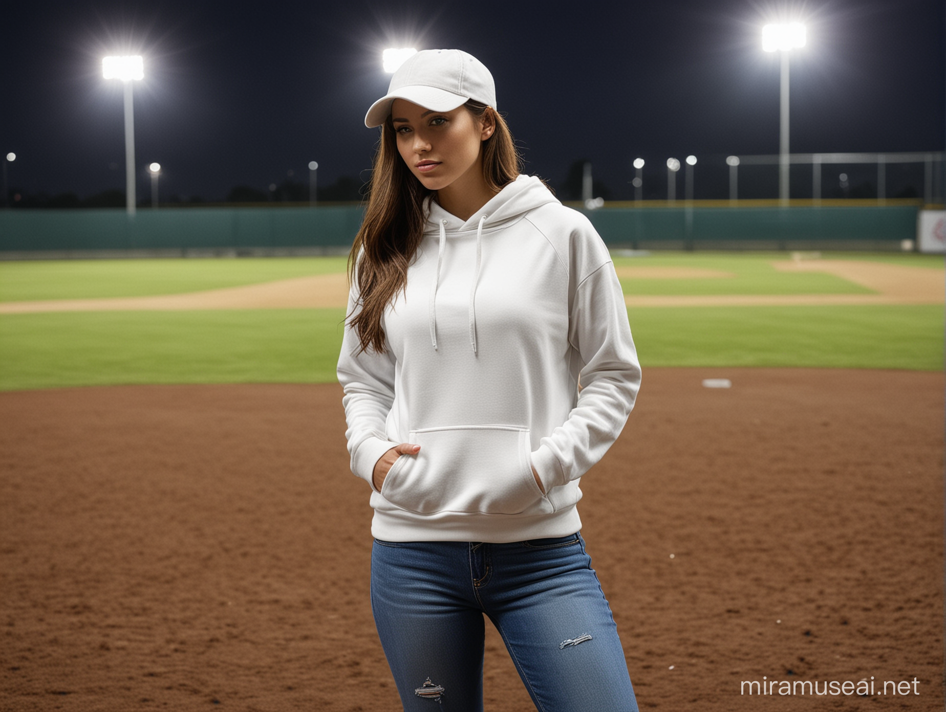 Create an image of a beautiful woman Wearing a blank white hoodie and blue jeans and a white baseball cap She is outside on a baseball field during the night with the stadium Lights on.