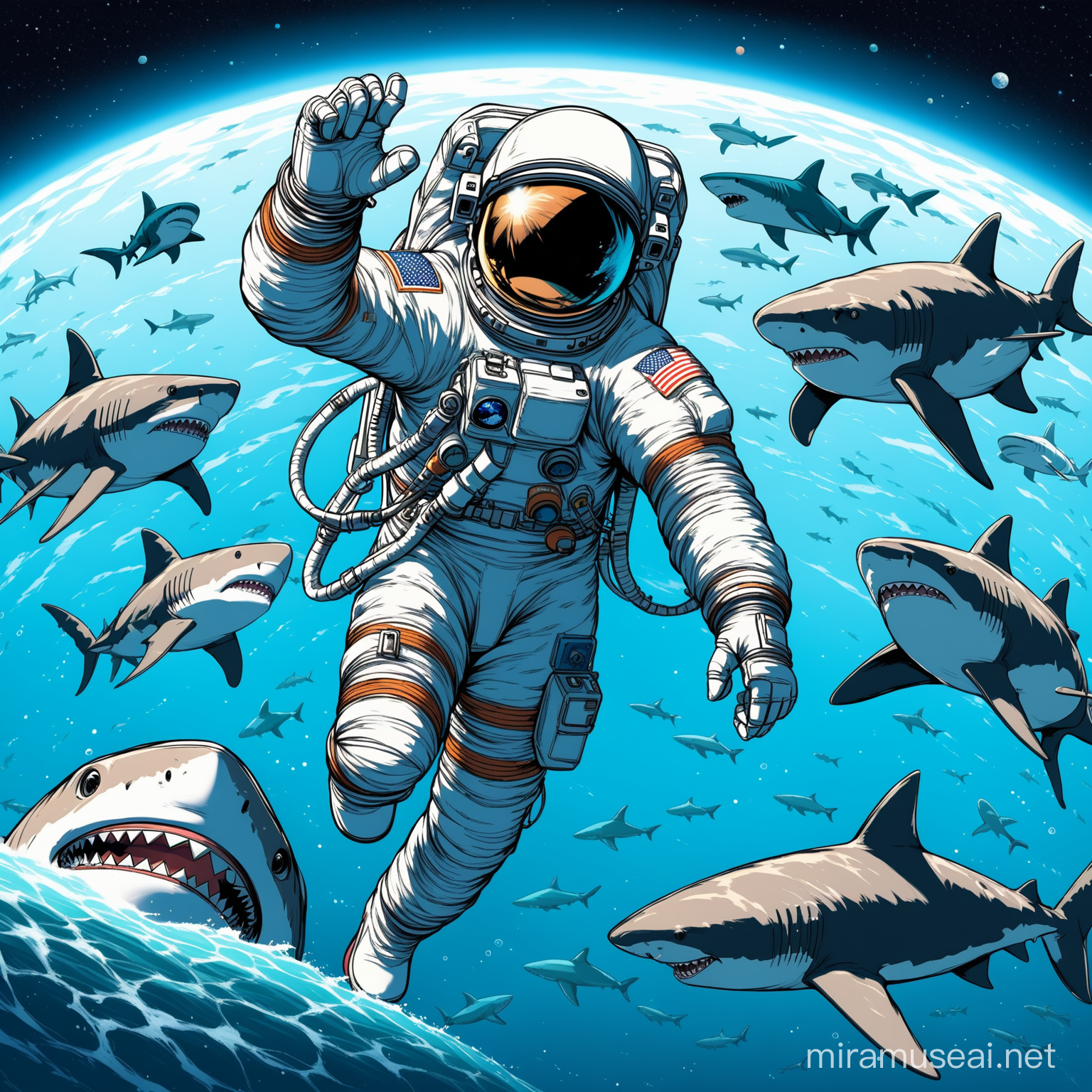 Astronaut Riding Horses Through SharkInfested Space
