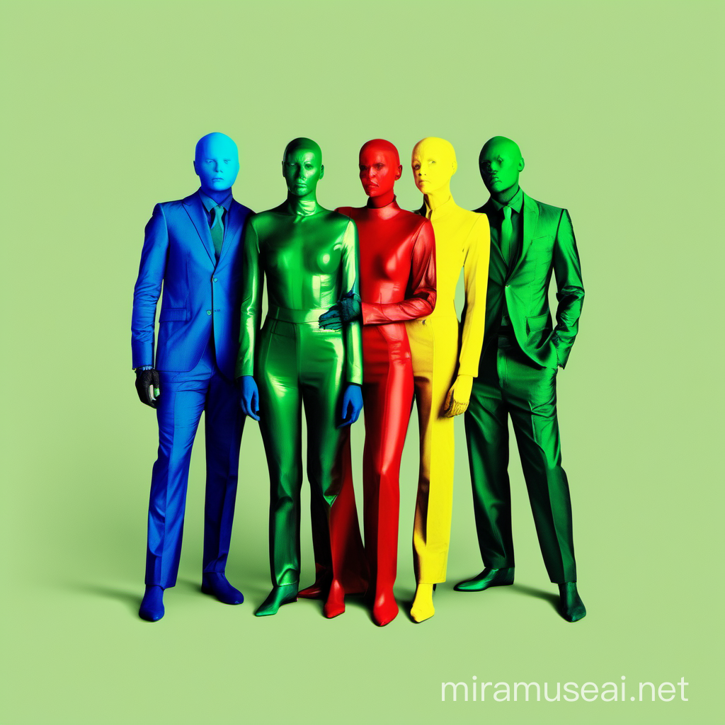 4 humans with clothes colors red green yellow blue
