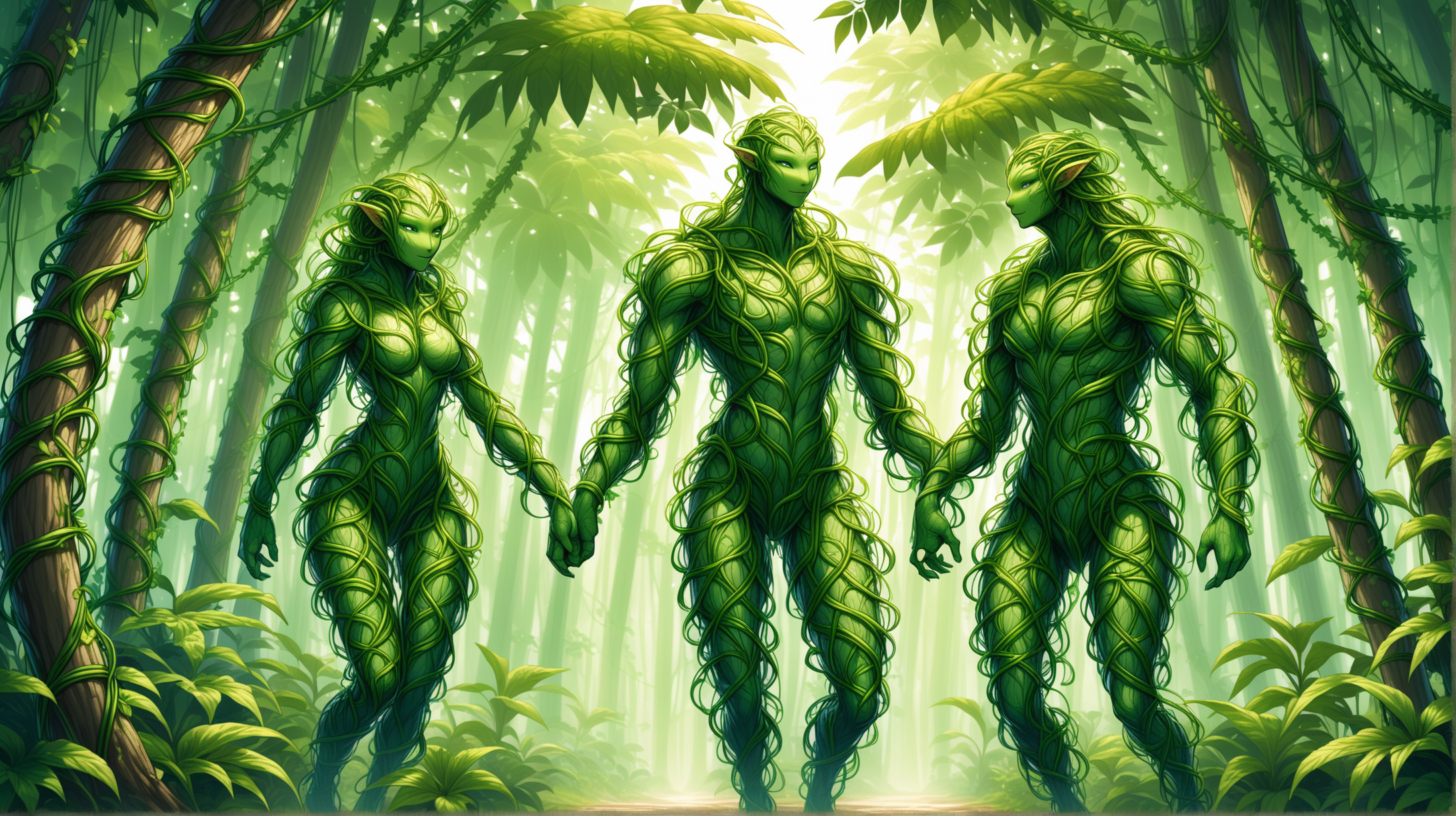 green vine tangle humanoid creatures, male and female, tropical forest, Medieval fantasy