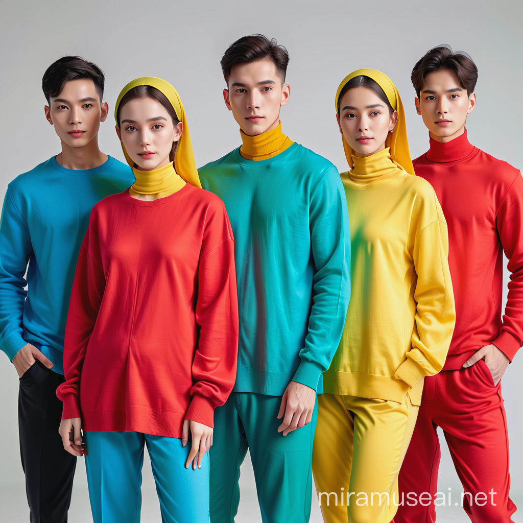 4 humans with clothes colors red green yellow blue
