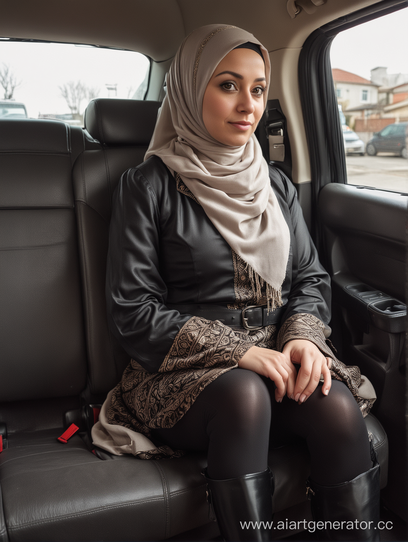 A dwarf woman, 40 years old, hijab, black opaque tights, high boots, tunic, sits car seat, from side, top view, turkish, hairless, plump body, 