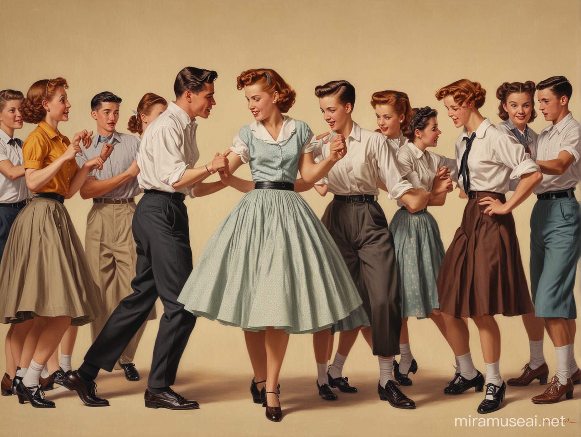 1950s teenagers, dancing,
 in the style of Norman Rockwell