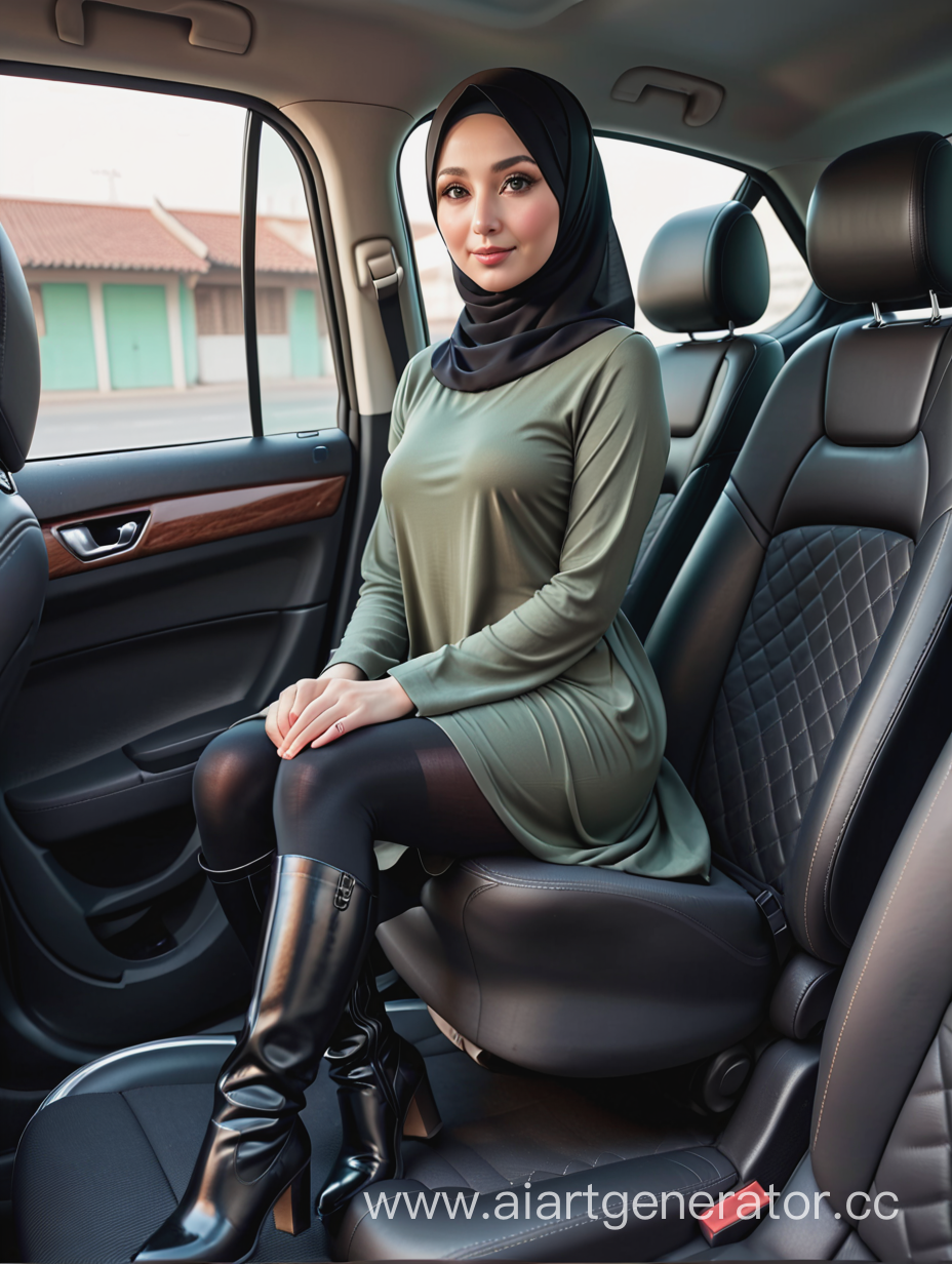 A short woman, 40 years old, hijab, black opaque tights, high boots, tunic, sits car seat, from side, top view, turkish, hairless, plump body, ultra realistic