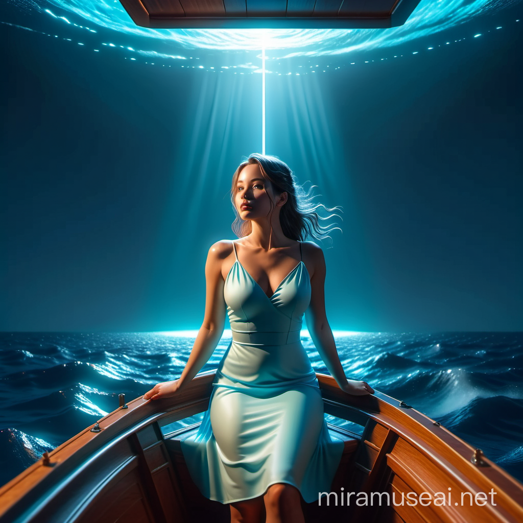 3D 8k minimal realistic illustrator mininal women inside the huge boat watching Bermuda Triangle from far with her light stunning light blue lighter dress at the midnight