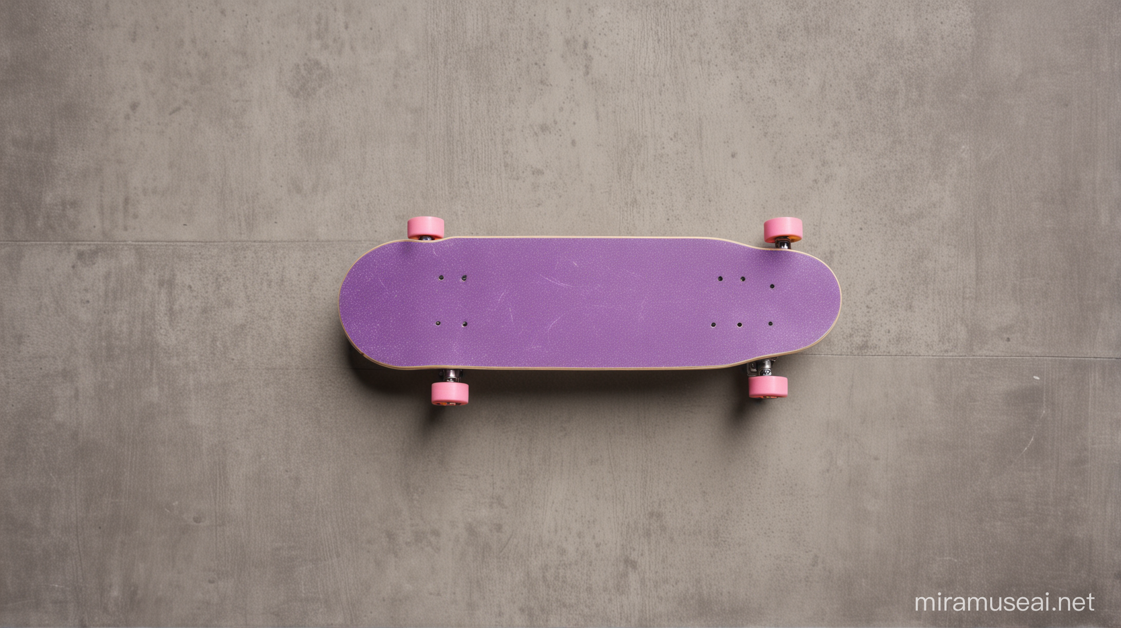 purple skateboard flat, wheels up, concrete background, angled, shot from above