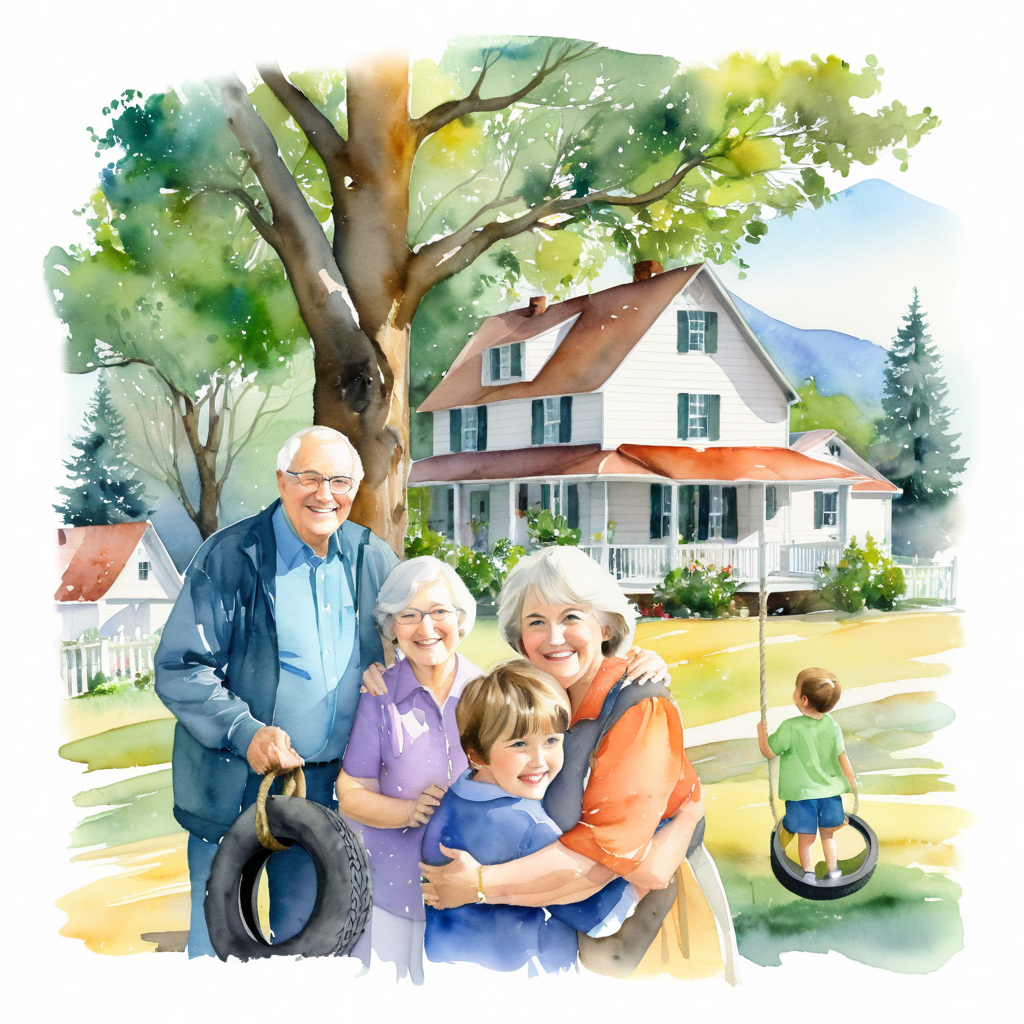  watercolor - grandparents hug boy and girl - st Bernard and farmhouse with tire swing in a tree in background. use my reference photo heavily