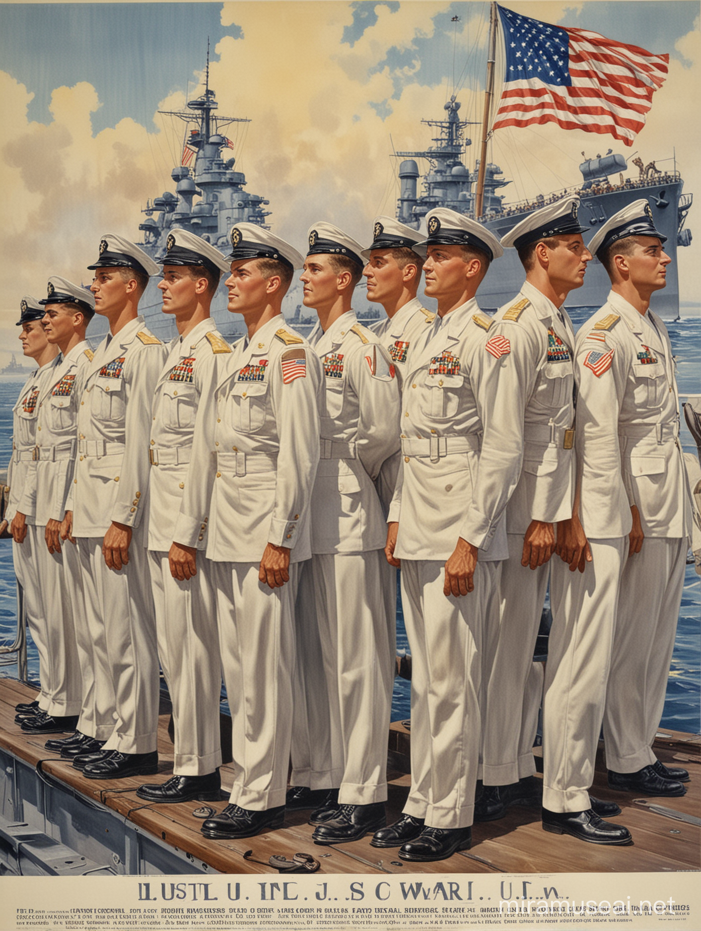 World War Two era U.S. Navy recruitment poster. It features sailors standing at attention on the deck of a World War Two era battleship and other patriotic imagery. 