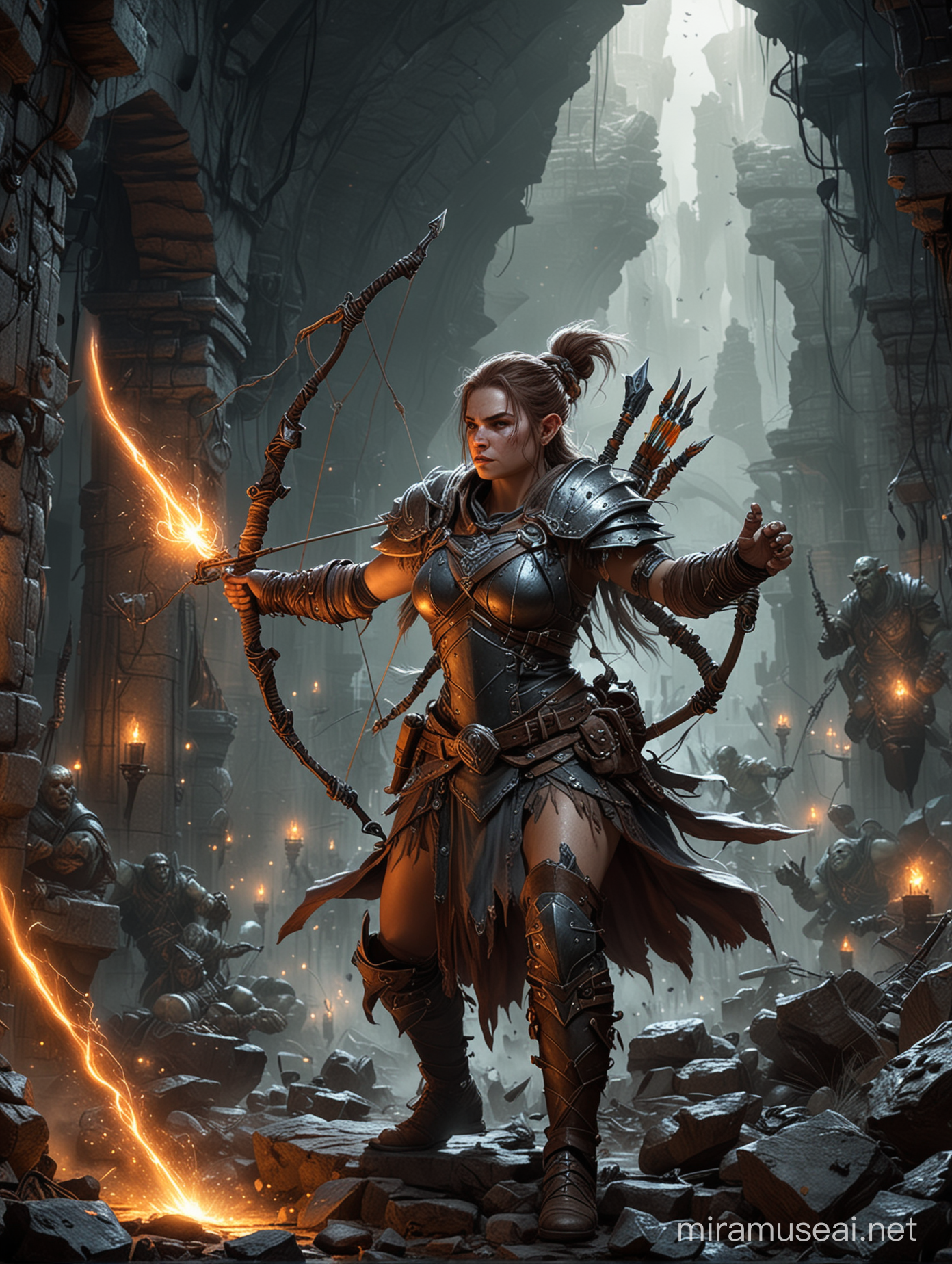 Powerful Female Dwarf Arcane Archer Battling Orcs in Ruined Underground City