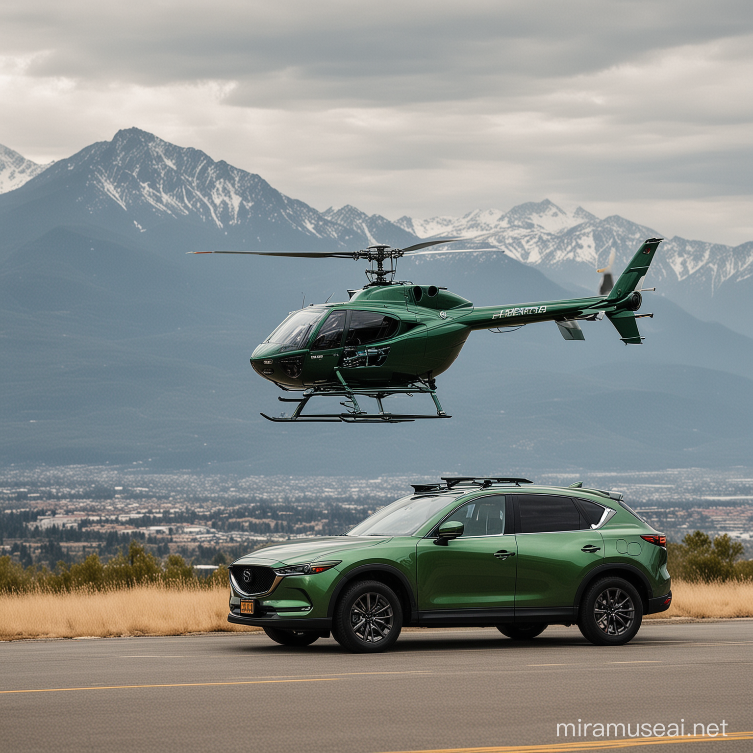 Helicopter carrying a Green Mazda CX-50 SUV, with view of mountains in the background