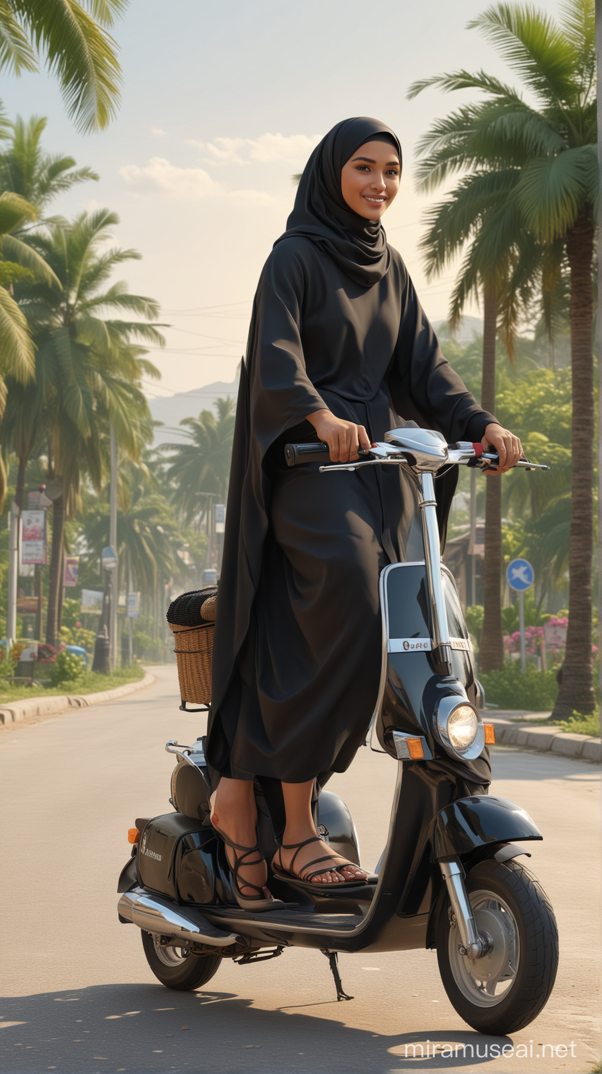 karikatur 4 dimensi pria muslim indonesia, menggunakan peci hitam, memakai baju koko, menaiki skuter, berboncengan dengan wanita muslim berhijab cantik umur 30 tahun, sandal pakalolo, suasana pedesaan di hari raya idul Fitri, realistis, fokus, 8k
