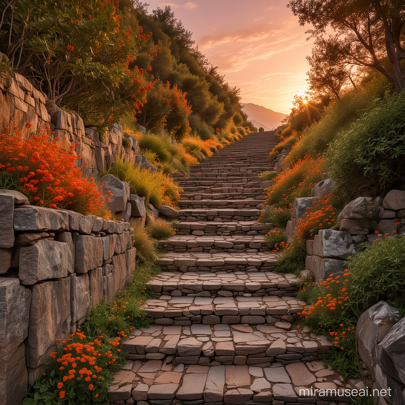 Serene Mountain Staircase with Sunset Overlooking Lush Wilderness