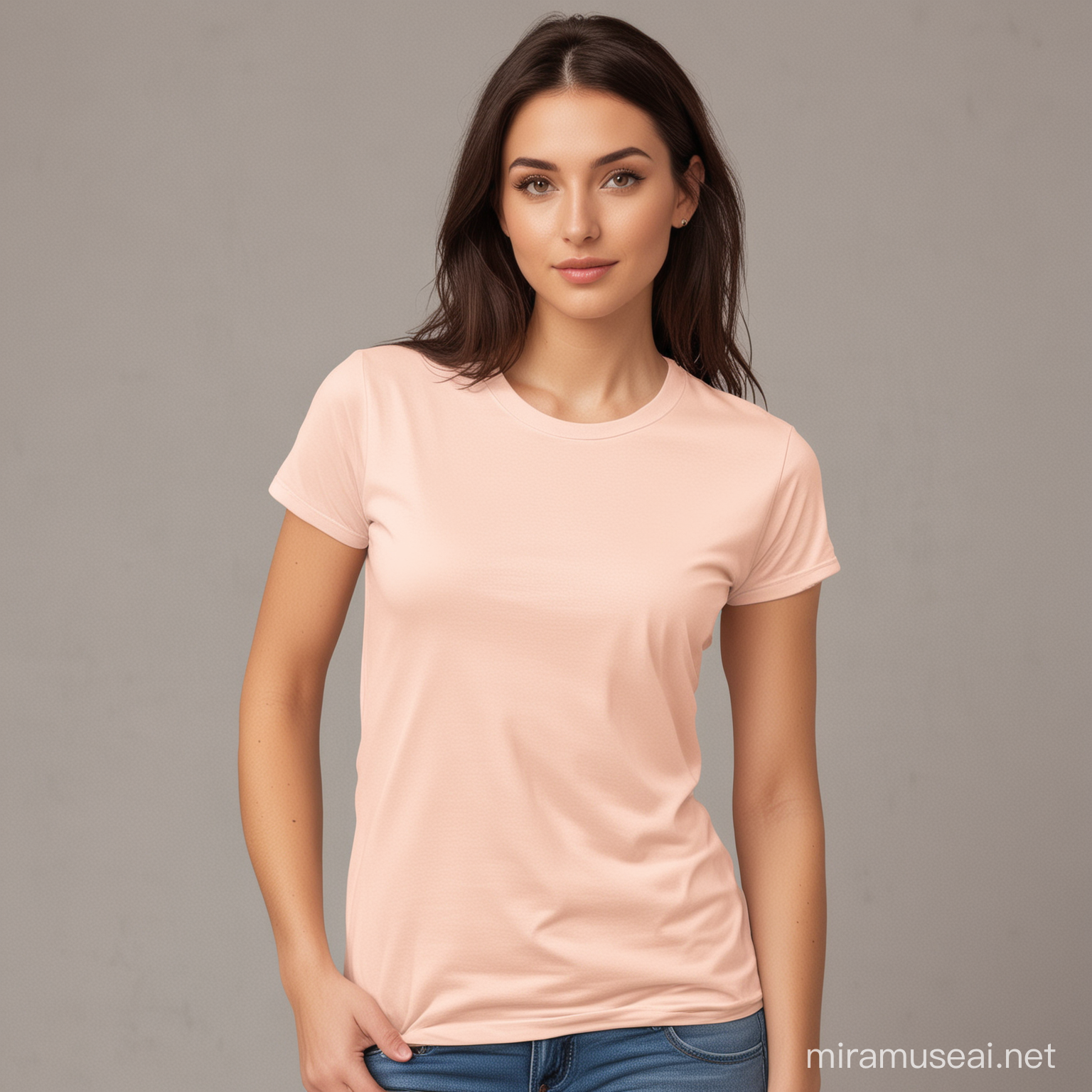 bella + canvas 3001 mockup in Peach with blank tshirt dressed on a woman