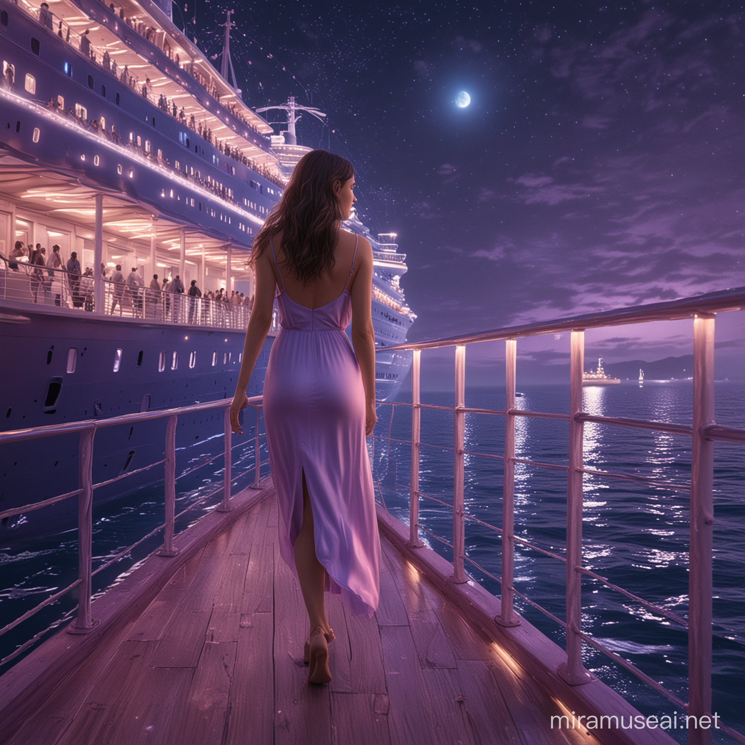 3D 8k minimal realistic illustrator mininal beauty women inside huge cruise huge ship stunning watching the blue dolphins and delight minimal town from far with her light stunning light purple lighter dress at the midnight cinematic realistic