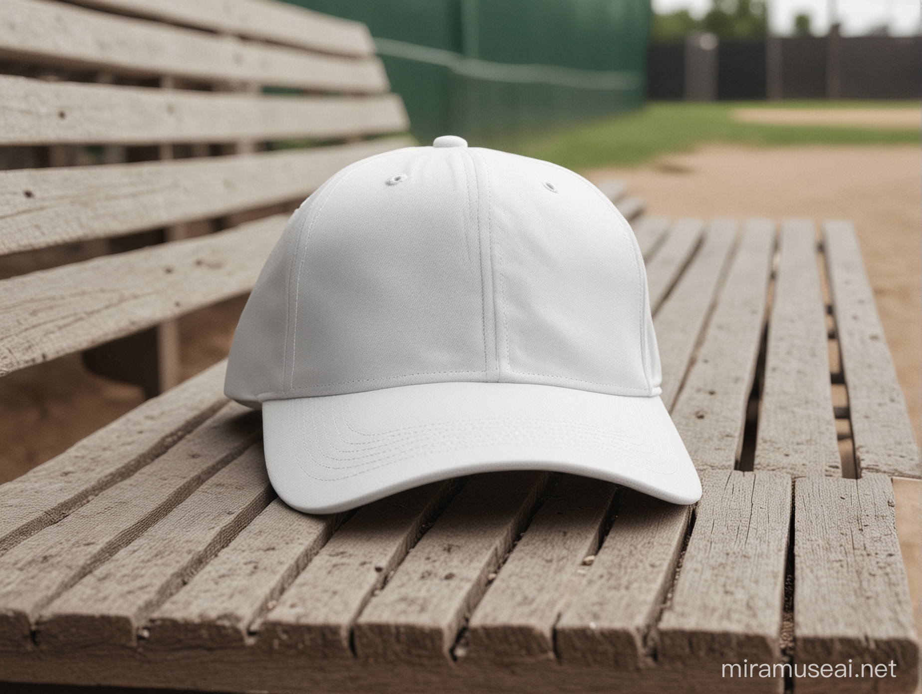 Create an image of a blank white baseball cap on a bench in a baseball dugout.