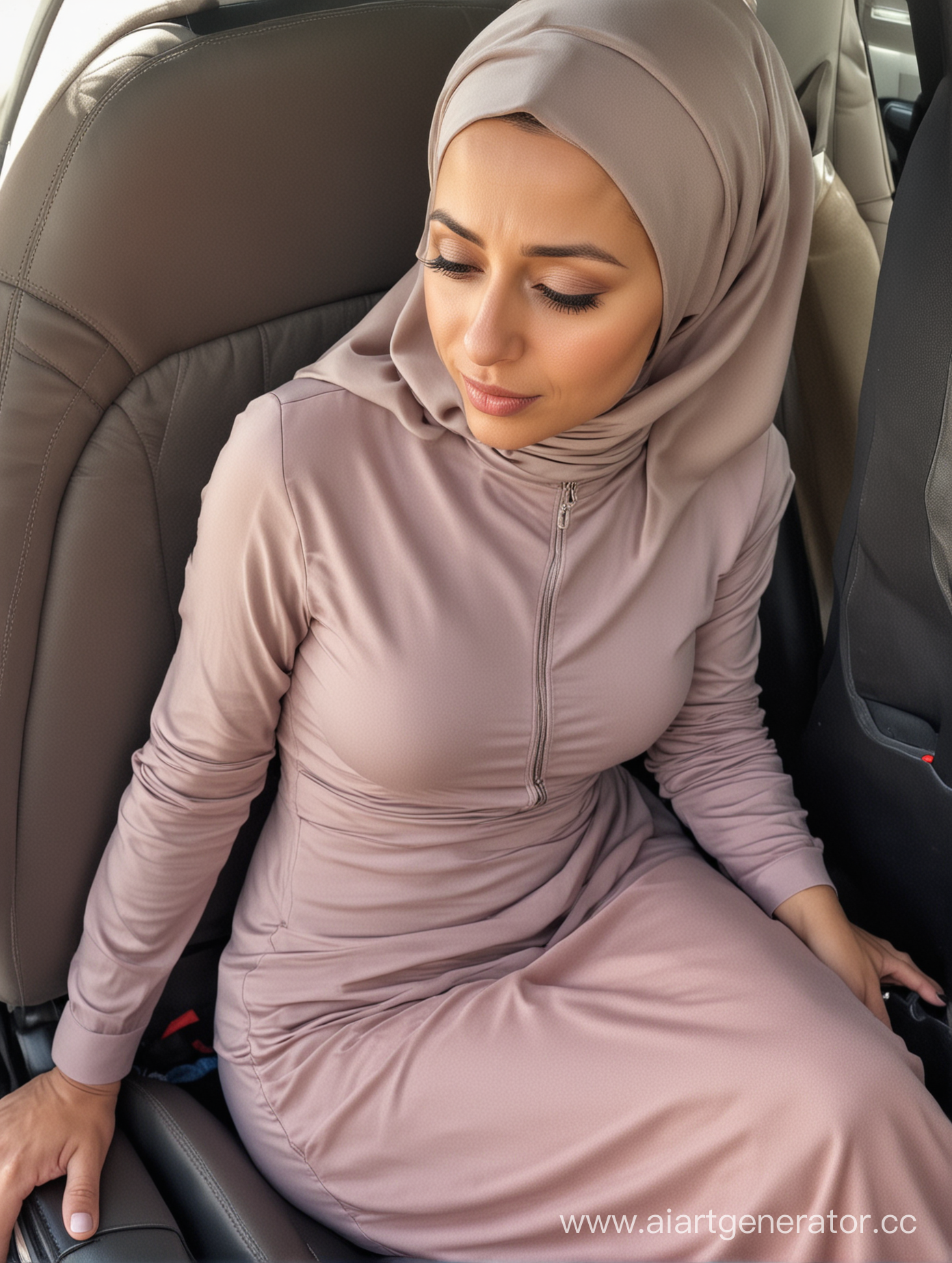 A short woman, 40 years old, hijab, tight dress, sits car seat, from above, top view, arabian, hairless, plump body. She is in pain. Tight tits