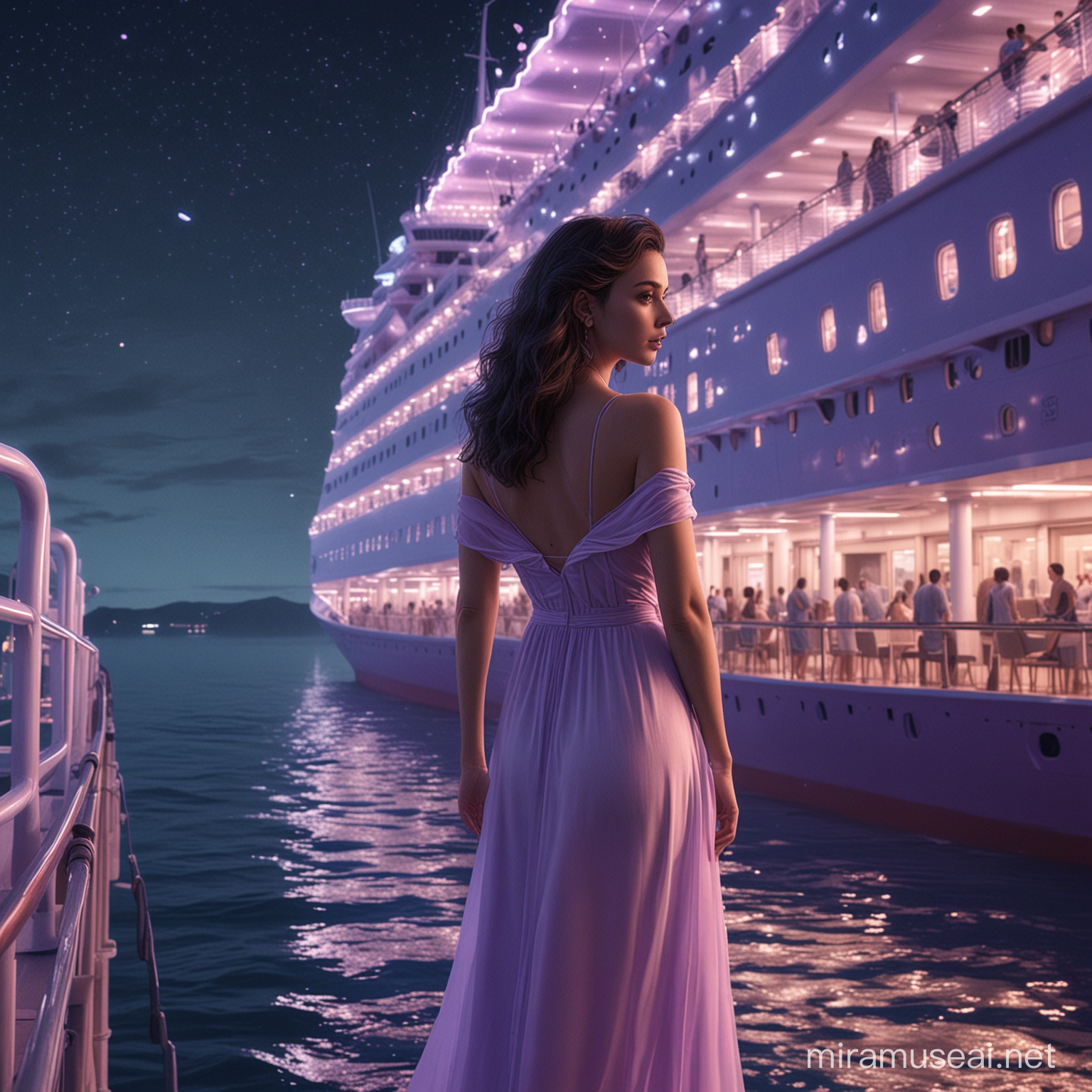 3D 8k minimal realistic illustrator mininal beauty women inside huge cruise huge ship stunning watching the blue dolphins and delight minimal town from far with her light stunning light purple light dress at the midnight cinematic realistic