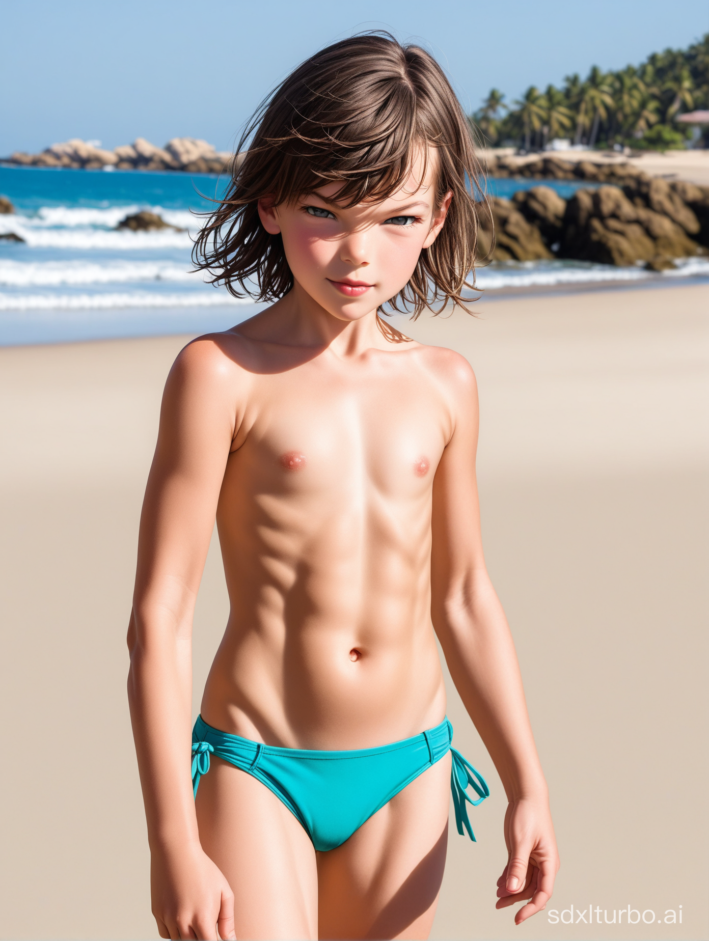 Milla Jovovich at 7 years old, flat chested, muscular abs, showing her belly, beach