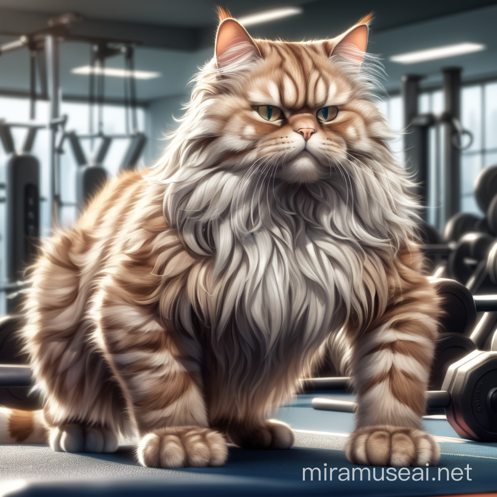 a cat working out in a gym with, muscular, showing his muscle and biceps, portrait view,  cat hairy fur, portrait, digital art, 4k, front view, cat fur skin, 