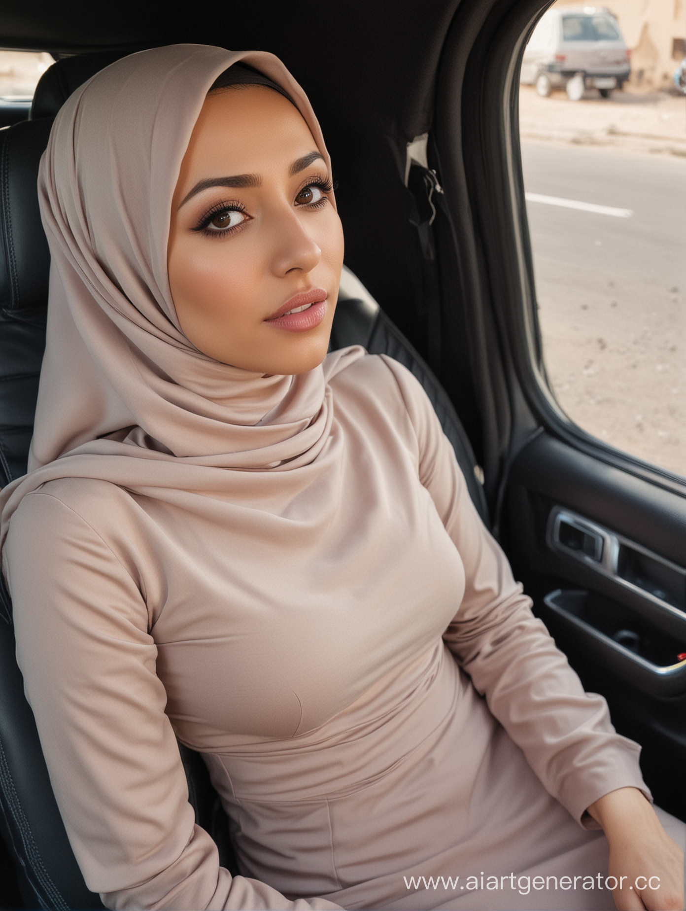 A petite woman, 30 years old, hijab, tight dress, sits car seat, from above, top view, arabian, hairless, plump body. She is in pain. Tight tits, intense makeup, pov