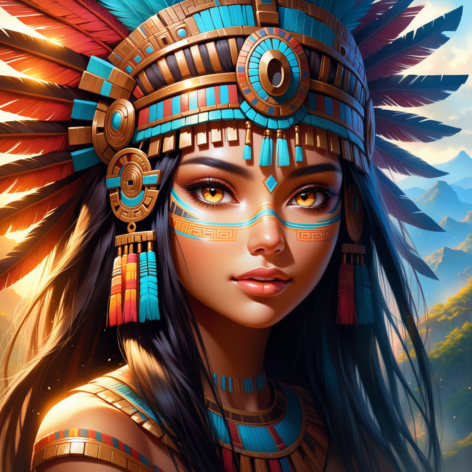 beautiful detailed eyes, beautiful detailed lips, extremely detailed aroused Aztec face, long eyelashes, soft and glowing skin, flowing hair, serene expression, gentle smile, vibrant colors, realistic lighting, fine brush strokes, intricate details, high-resolution, lifelike textures, stunning background, ethereal atmosphere.

