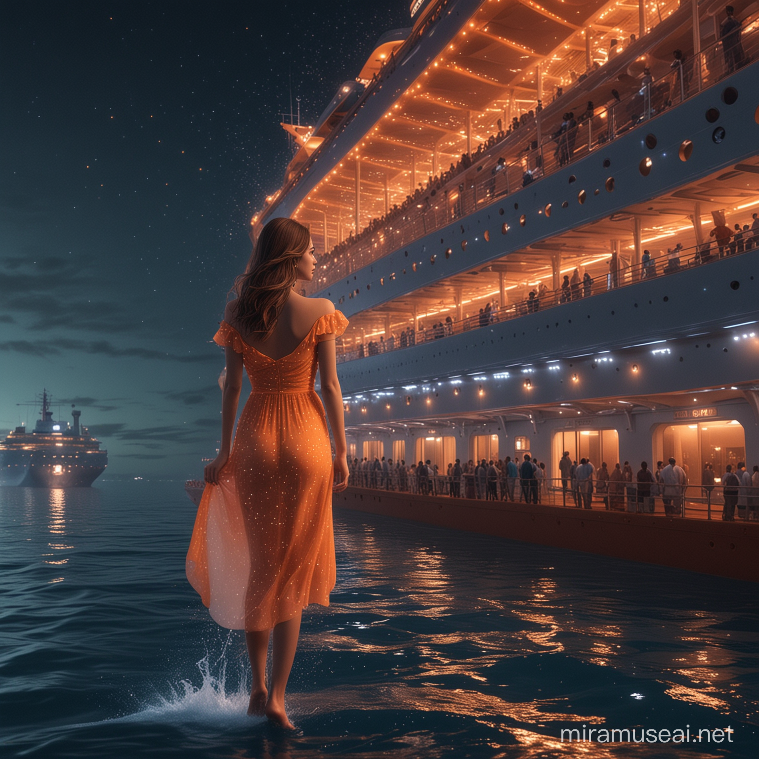 3D 8k minimal realistic illustrator mininal beauty women inside huge cruise huge ship stunning watching the blue dolphins and delight minimal town from far with her light stunning shinning ad glittering light orange light dress at the midnight cinematic realistic
