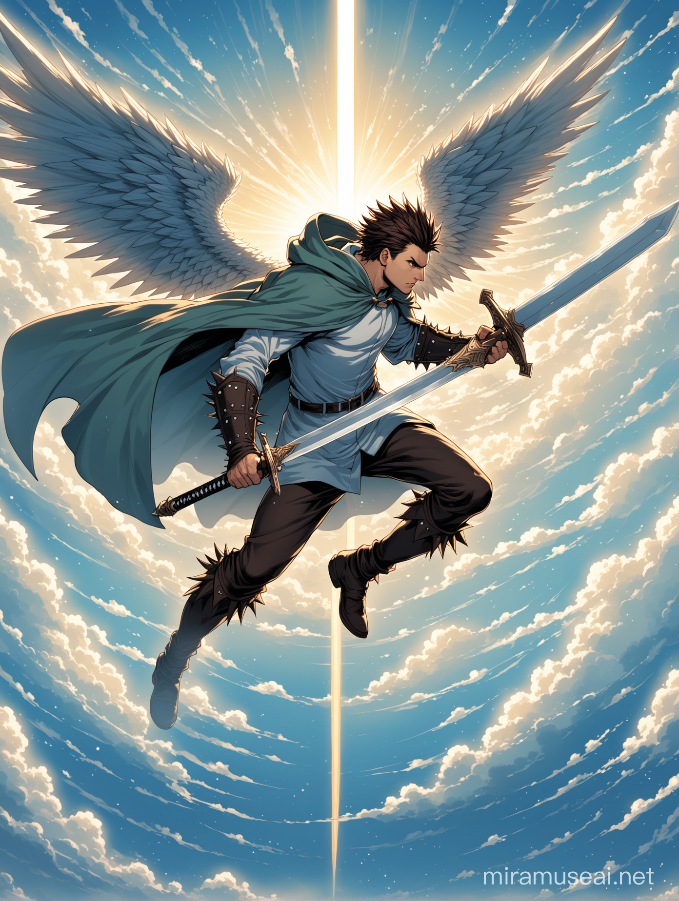 man in a cloak fighting in the sky with a braid and spiky hair he has angel wings and is fighting with a sword looking to the right