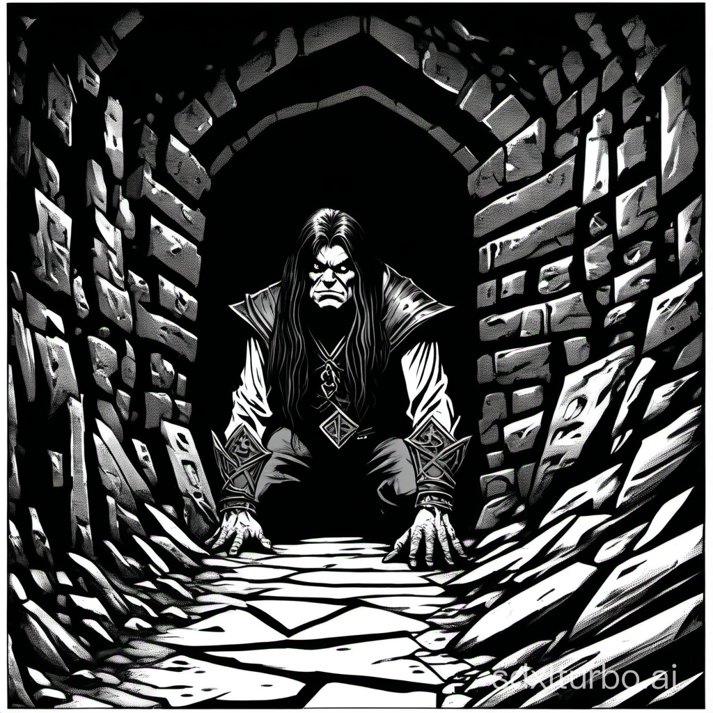 Ozzy Osbourne:warlock:half-orc lurking in a tomb tunnel, impatient expression, dark and moody atmosphere, half body, 1bit bw, style of 1981 Dungeons and Dragons,