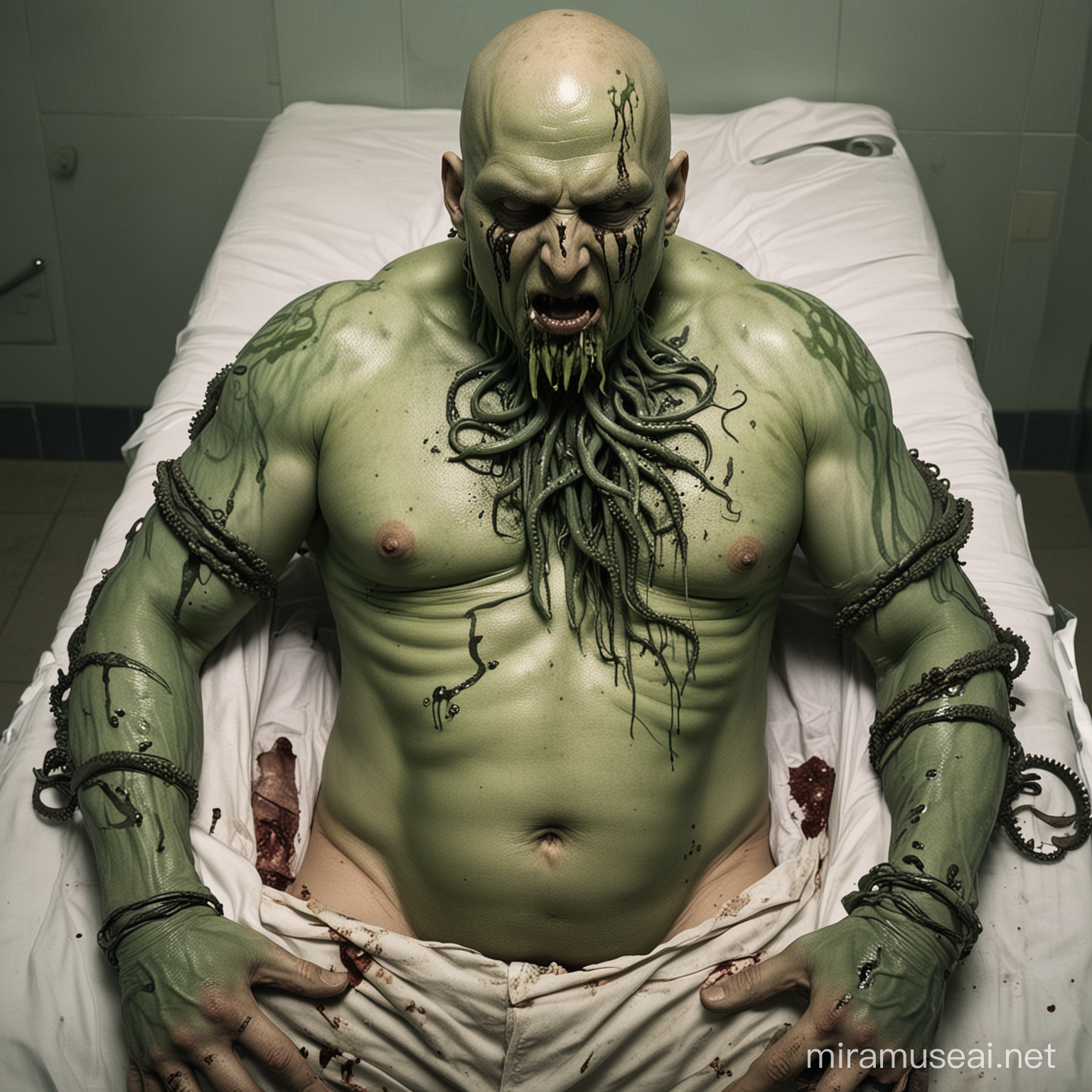 Ghastly Morgue Scene GreenSkinned Man with Tentacles and Knife