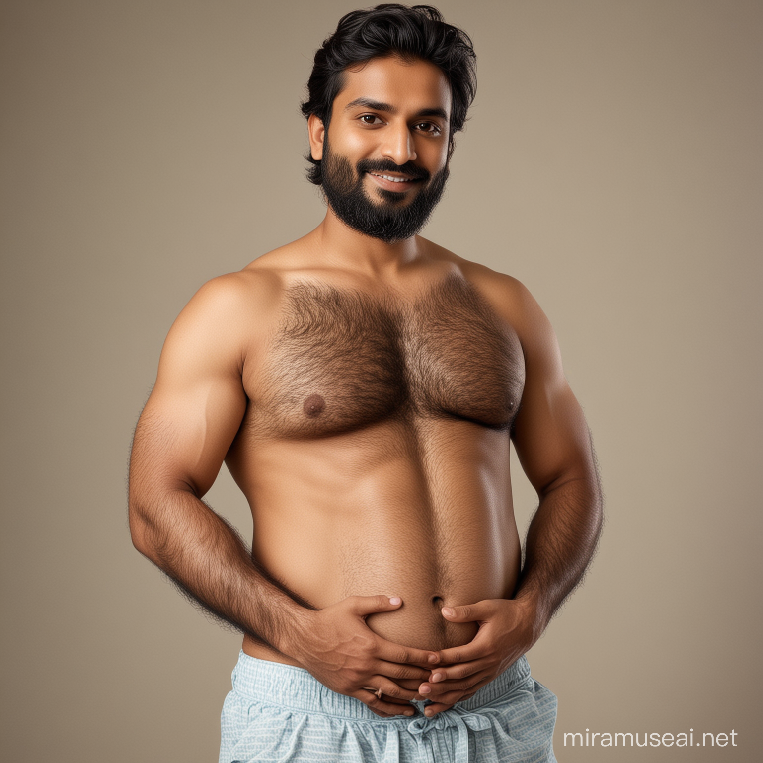Handsome pregnant indian man, hairy body, hand on belly