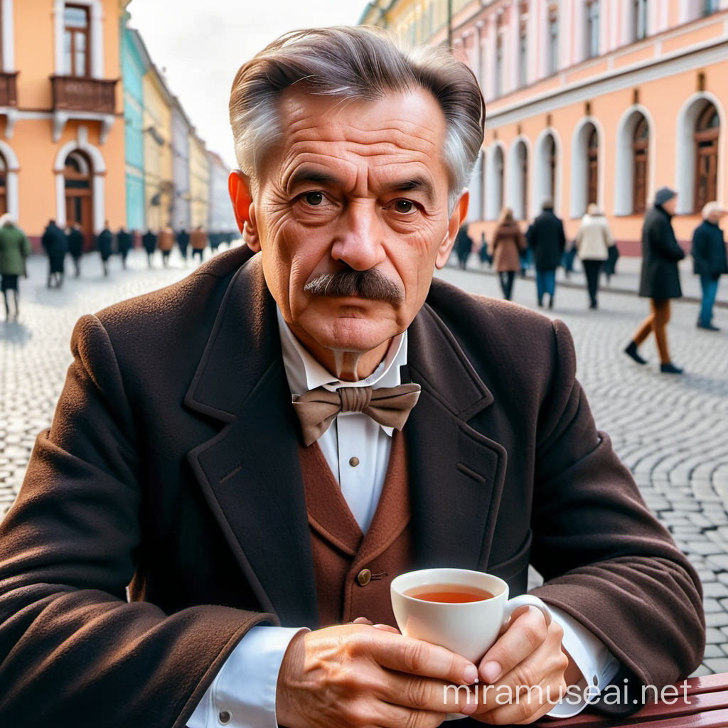 On the streets of St. Petersburg to depict a famous writer of 80-90 years drinking tea