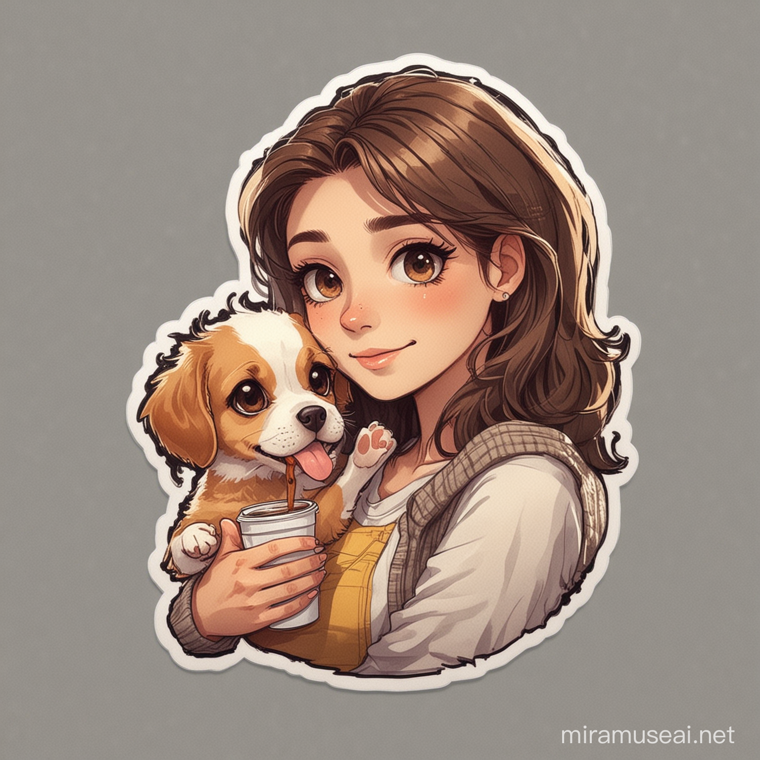 I want a sticker with a girl holding a coffee cup with her per dog next to her The image should be in the sticker format