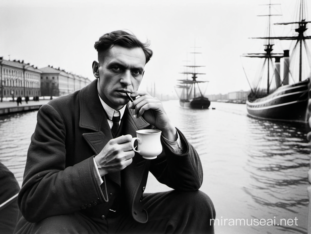 Mayakovsky drinking tea on the streets of St. Petersburg, behind him a big ship, behind him beautiful towers 