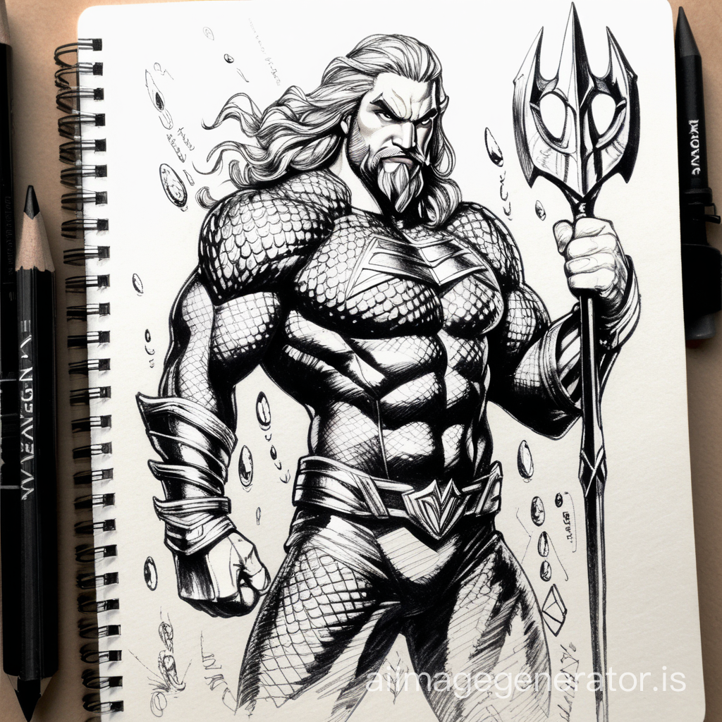  Sketchbook Style, Sketch book, hand drawn, dark, gritty, realistic sketch, Rough sketch, mix of bold dark lines and loose lines, bold lines, on paper, turnaround character sheet,  aquaman, Full body, arcane symbols, runes, dark theme, Perfect composition golden ratio, masterpiece, best quality, 4k, sharp focus. Better hand, perfect anatomy. by With Design In Mind
