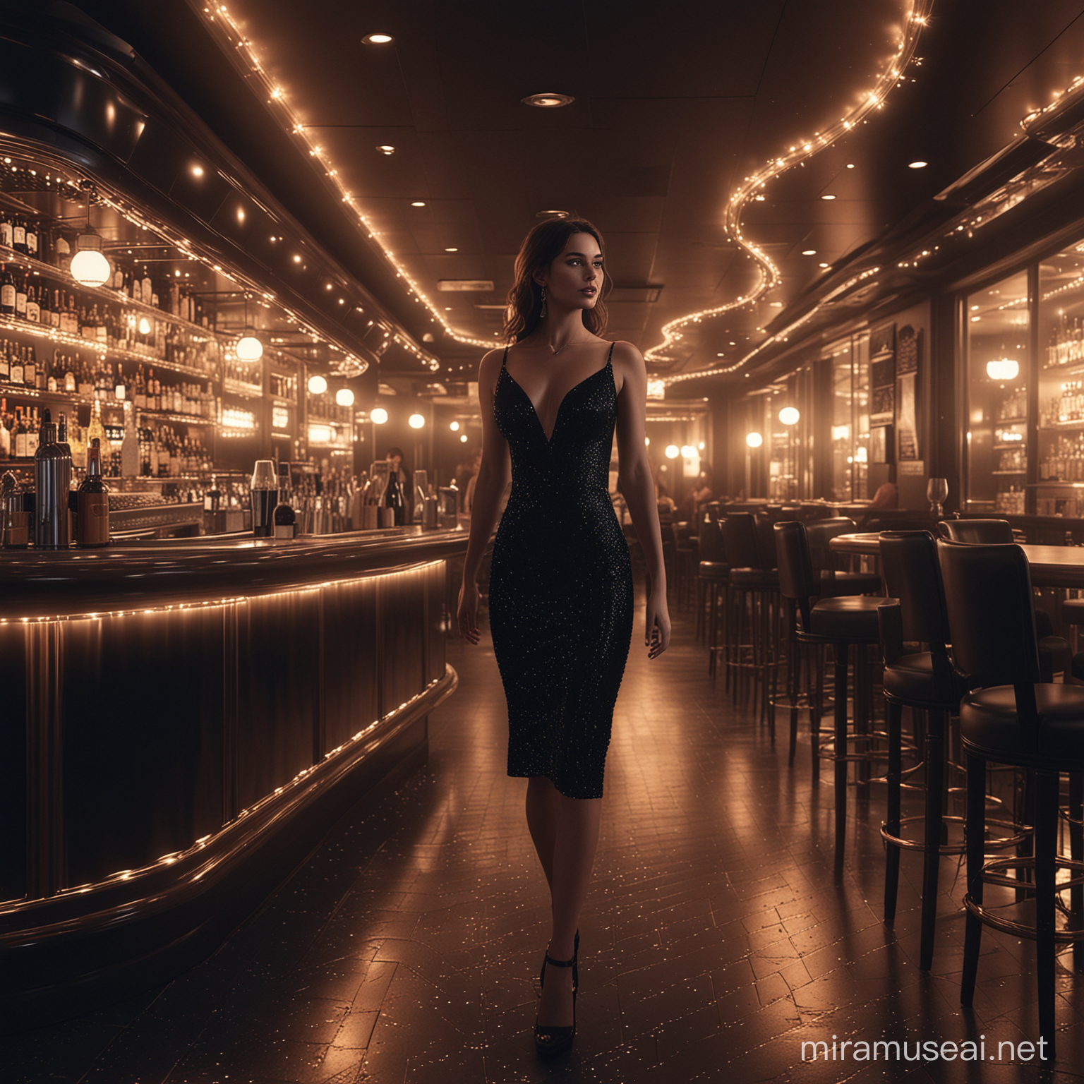 3D 8k minimal realistic illustrator mininal beauty women inside huge cruise huge ship stunning inside bar and caffe delight minimal town from far with her light stunning shinning ad glittering light black light dress at the midnight cinematic realistic