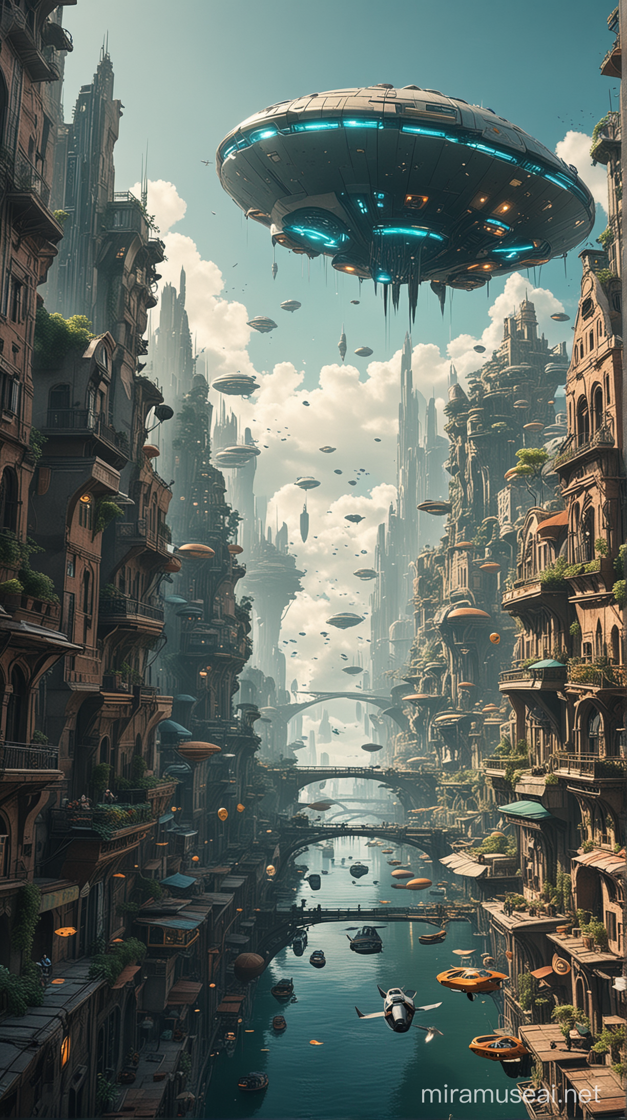 In the beautiful futuristic city you can see many people flying without using any artifact also you can see the floating cities that give a contrast between technology and nature.