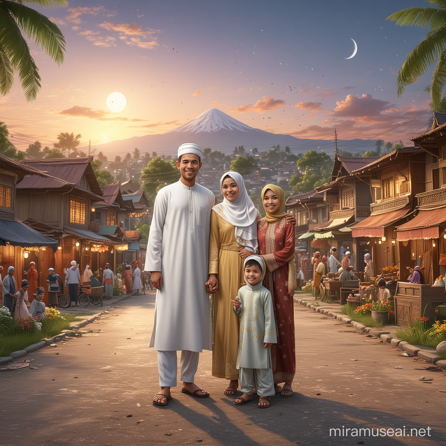 karikatur 4 dimensi keluarga indonesia dengan 1 anak berbusana muslim, ilustrasi yang menggambarkan perayaan hari raya idul fitri lebaran di sebuah desa atau kota, gambar harus mencakup berbagai elemen dan karakter, seperti orang yang melakukan aktifitas sehari-hari, kendaraan, bangunan, dan lingkungan alam. realistik, fokus, 8k