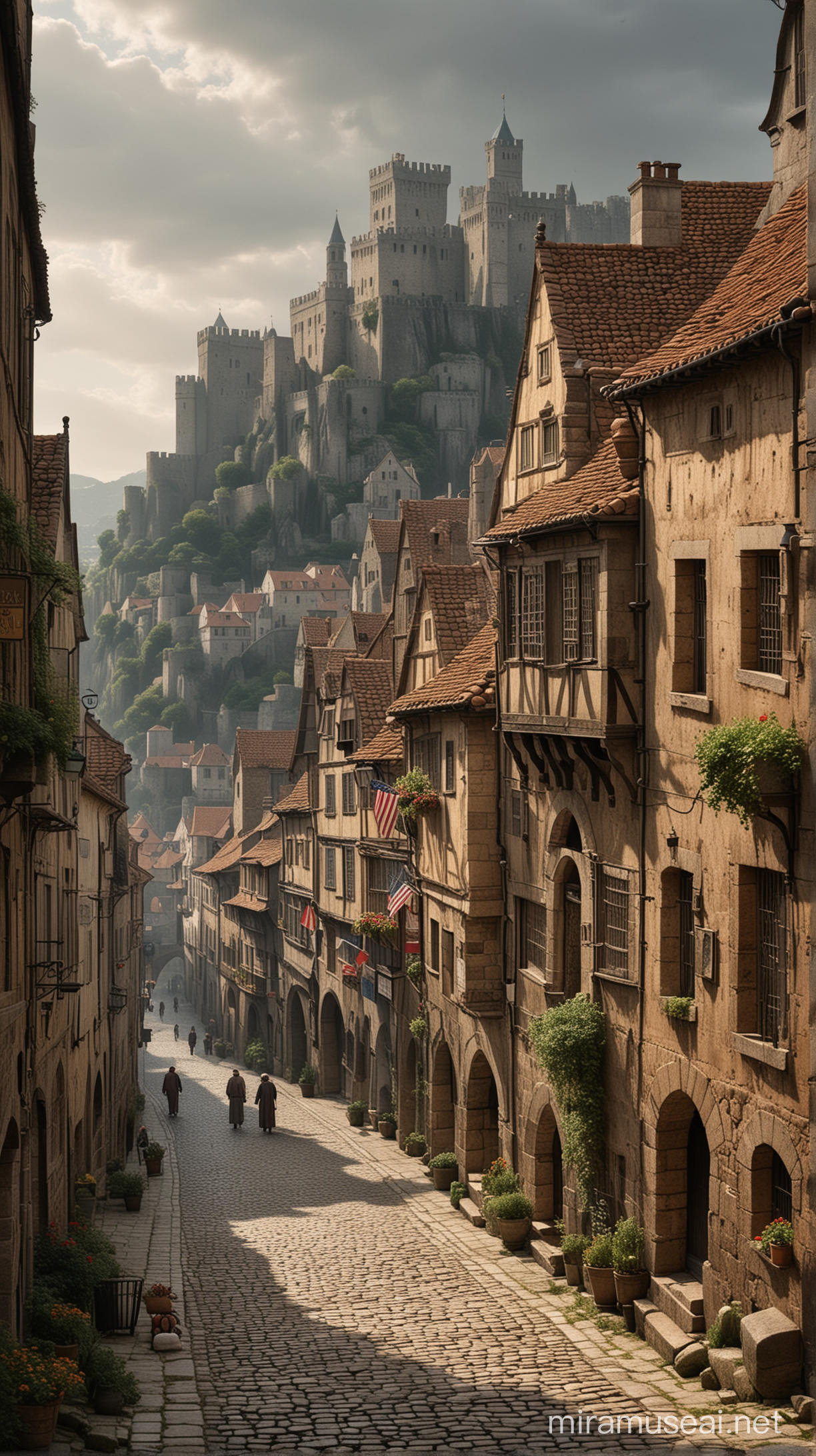Include visual cues such as bustling streets, fortified walls, and prominent landmarks to convey the unique identity and pride of each city in a moody nature in 13th century