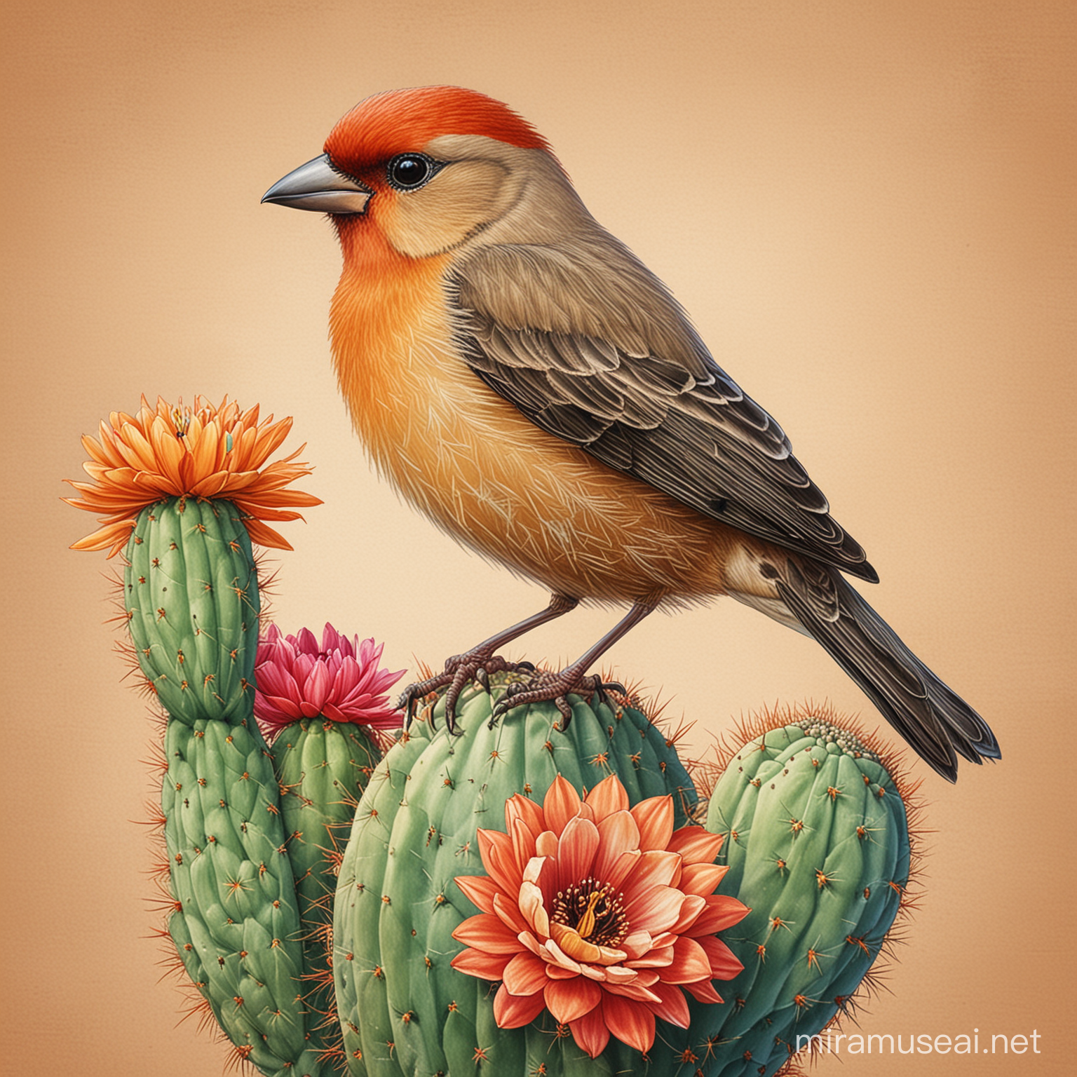 Colorful Finch Perched on Blooming Cactus