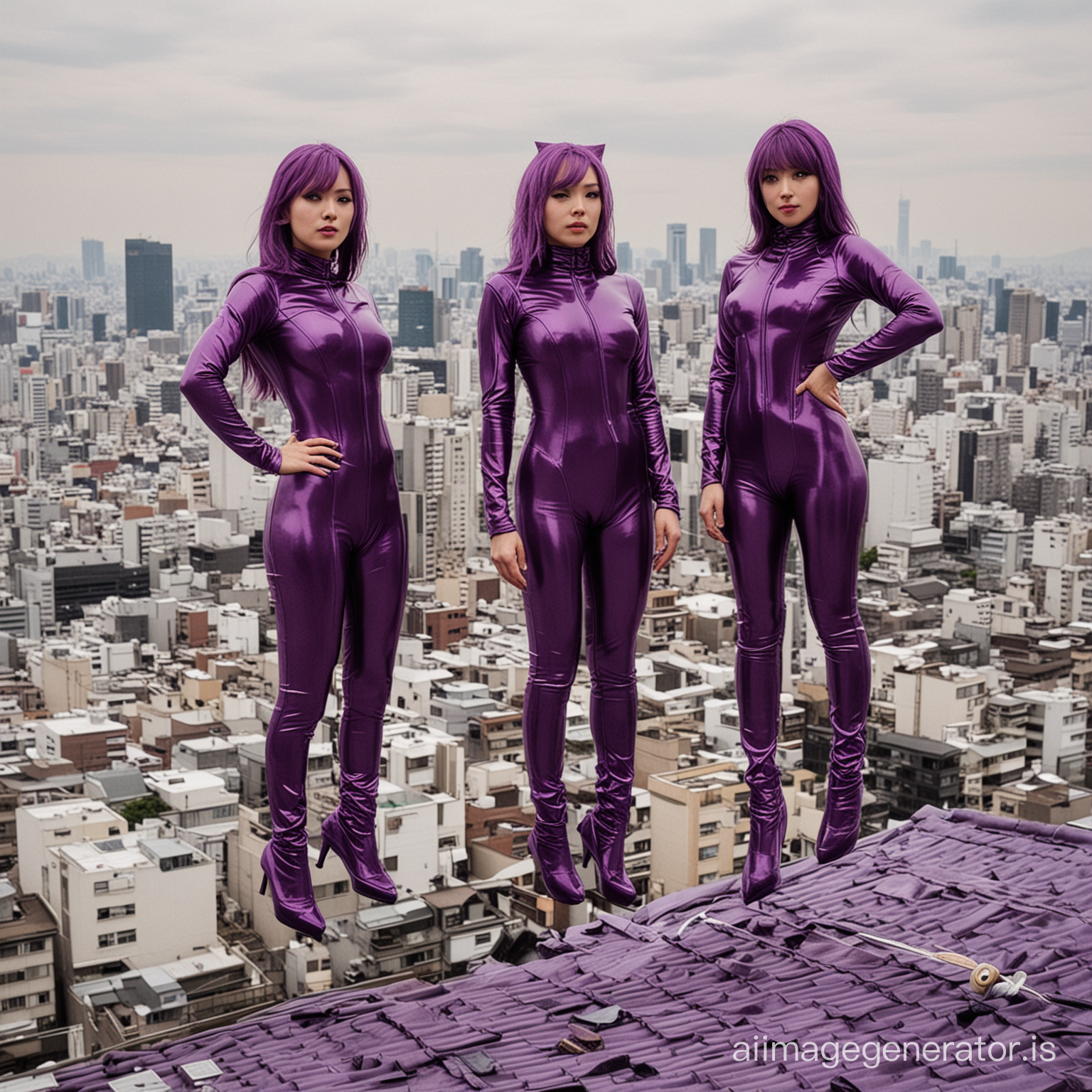 3 superheroin with purple catsuits jumping on the roof of tokyo buildings
