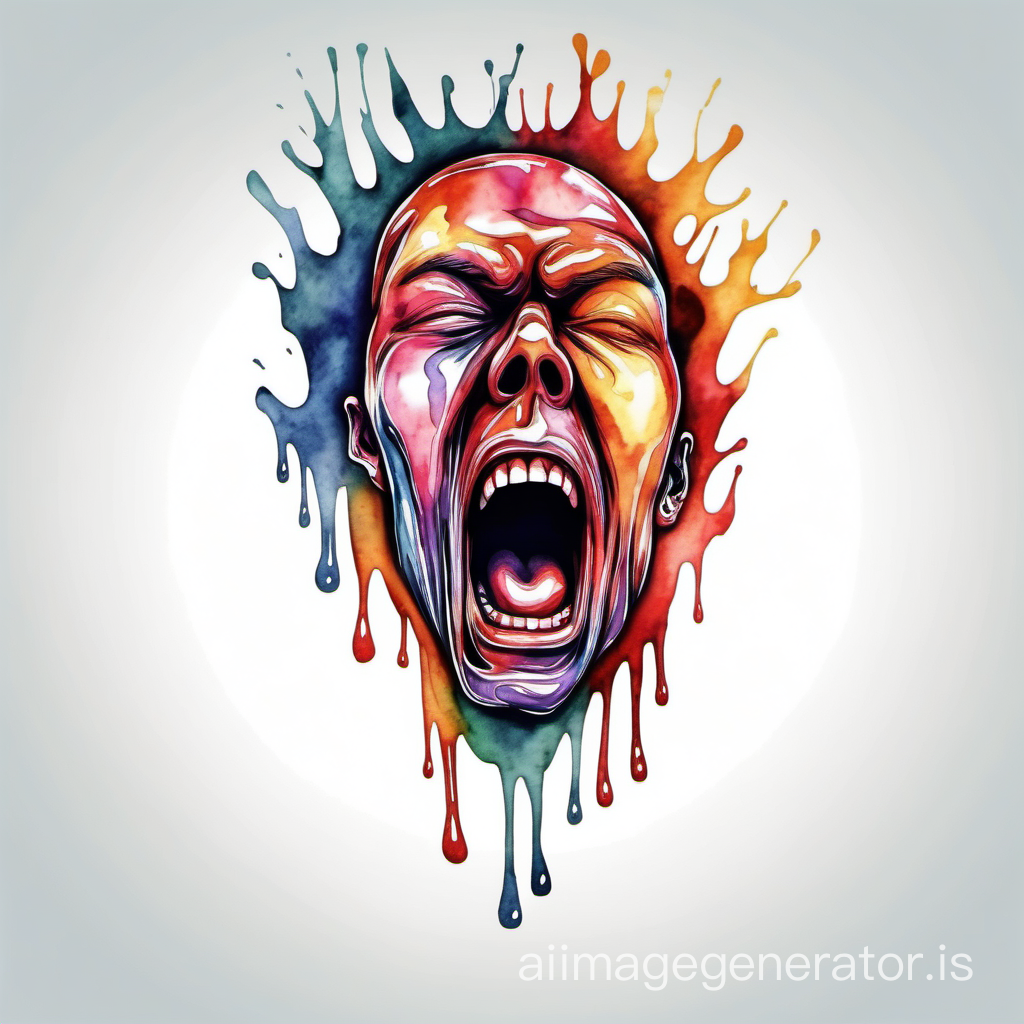 Abstract cartoonish watercolor design of a melting human face with screaming expression, tshirt print design, with empty background 