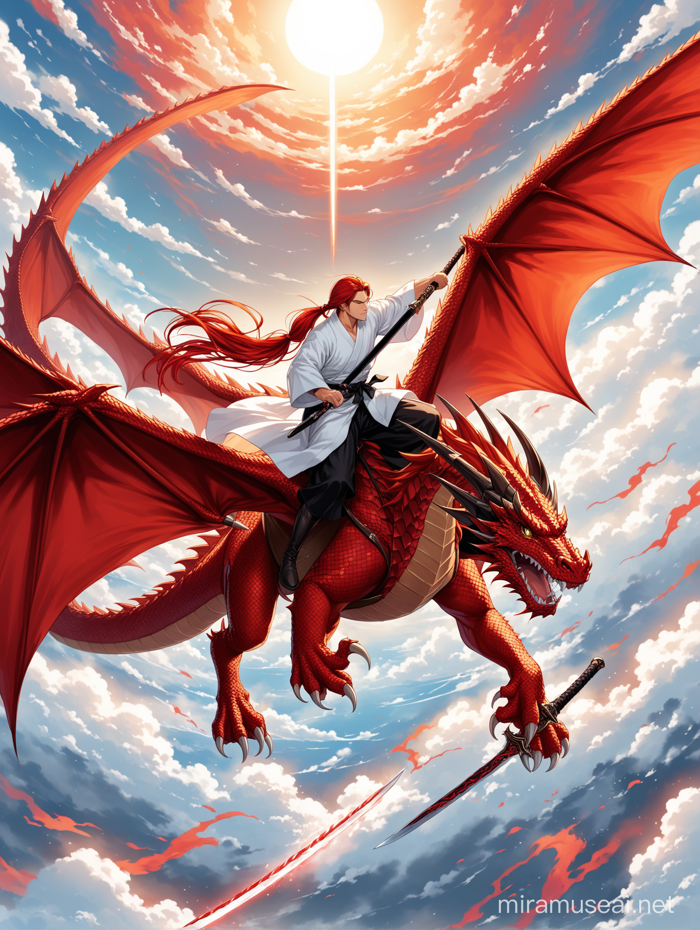 man with red long hair in a low ponytail with a black bow fighting in the sky riding a red dragon with an executioner's blade he is wearing a white Chinese robe.