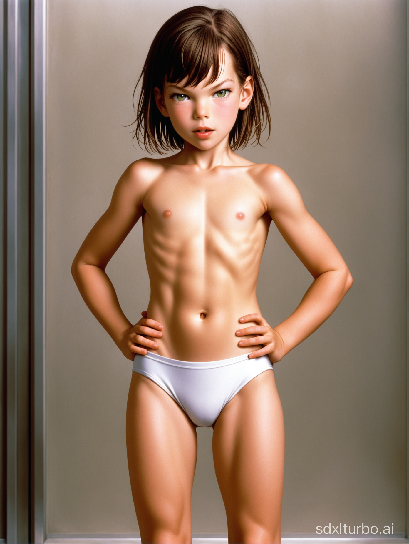 Milla Jovovich at 7 years old, flat chested, muscular abs, showing her belly, in 5th element movie